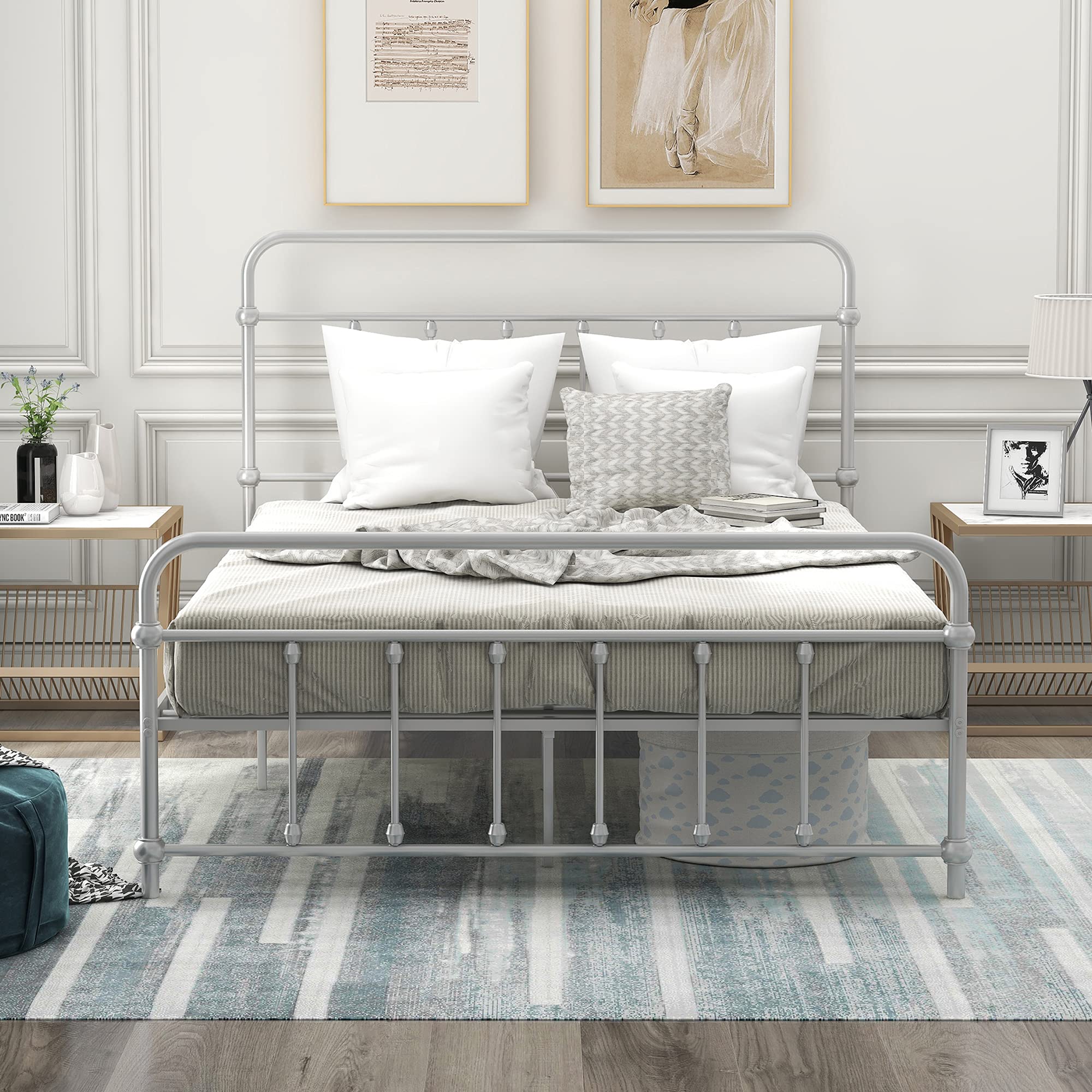 P PURLOVE Full Size Metal Platform Bed Frame with Headboard & Footboard - Sturdy Steel Slat Support, No Box Spring Needed - Modern Silver Finish for Bedroom, Guest Room or Dorm (Silver)