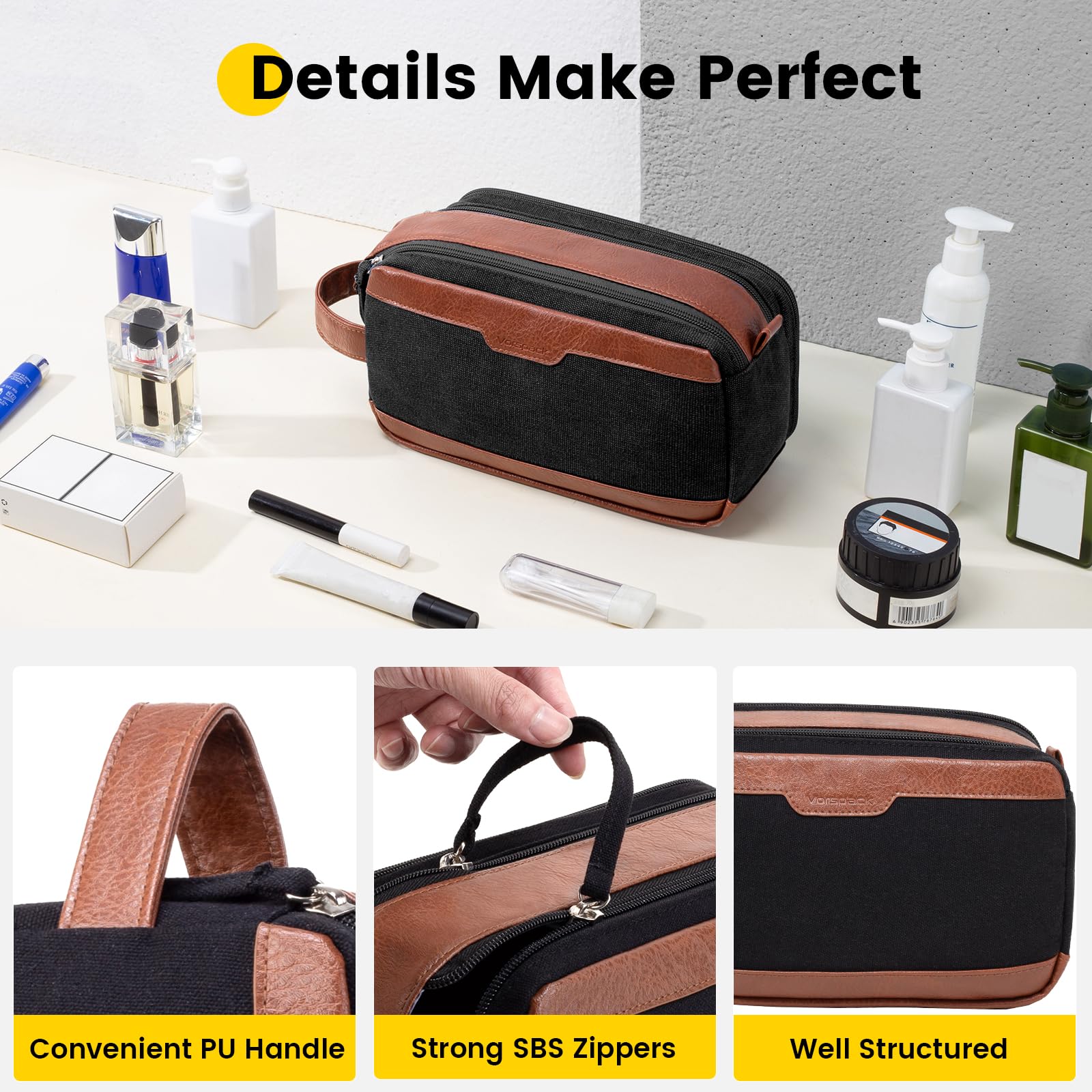 Vorspack Men's Waterproof Travel Toiletry Bag - Large Canvas Dopp Kit for Shaving & Skincare Essentials | Bathroom Organizer & Toiletries Accessories | Perfect Gift for Men | Ideal for Travel, Gym & Business Trips - Black