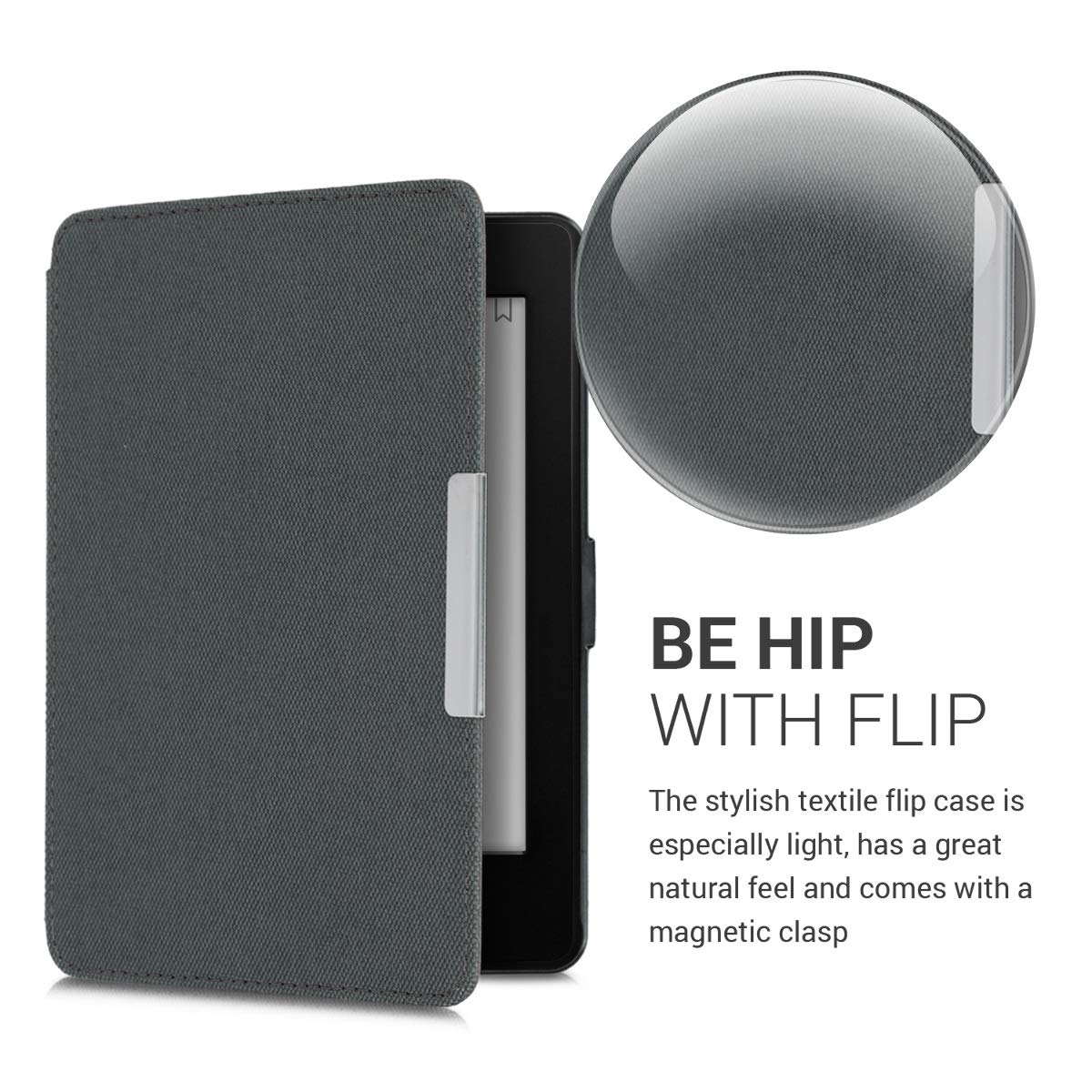 kwmobile Protective Case for Amazon Kindle Paperwhite - Durable Nylon e-Reader Cover with Folio Book Style Design in Anthracite - Perfect for Reading, Travel & Daily Commute