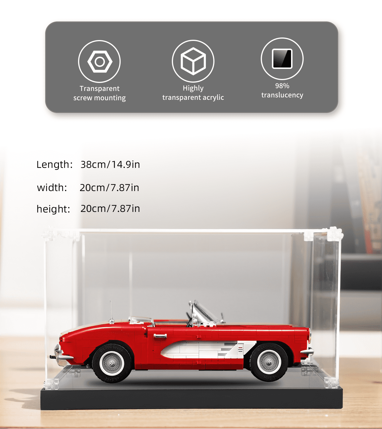 Lego Creator Chevrolet Corvette 10321 Display Case - Clear Acrylic Showcase for Car Model Collection & Home Office Decor
