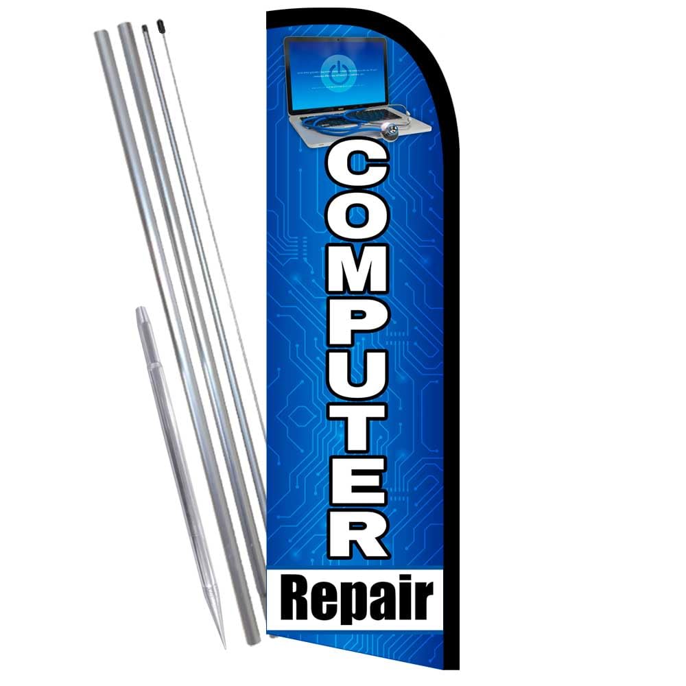 Premium Windless Feather Banner Flag Kit for Computer Repair - Includes Flag, Pole & Ground Mount - Perfect for Storefronts, Events & Outdoor Advertising