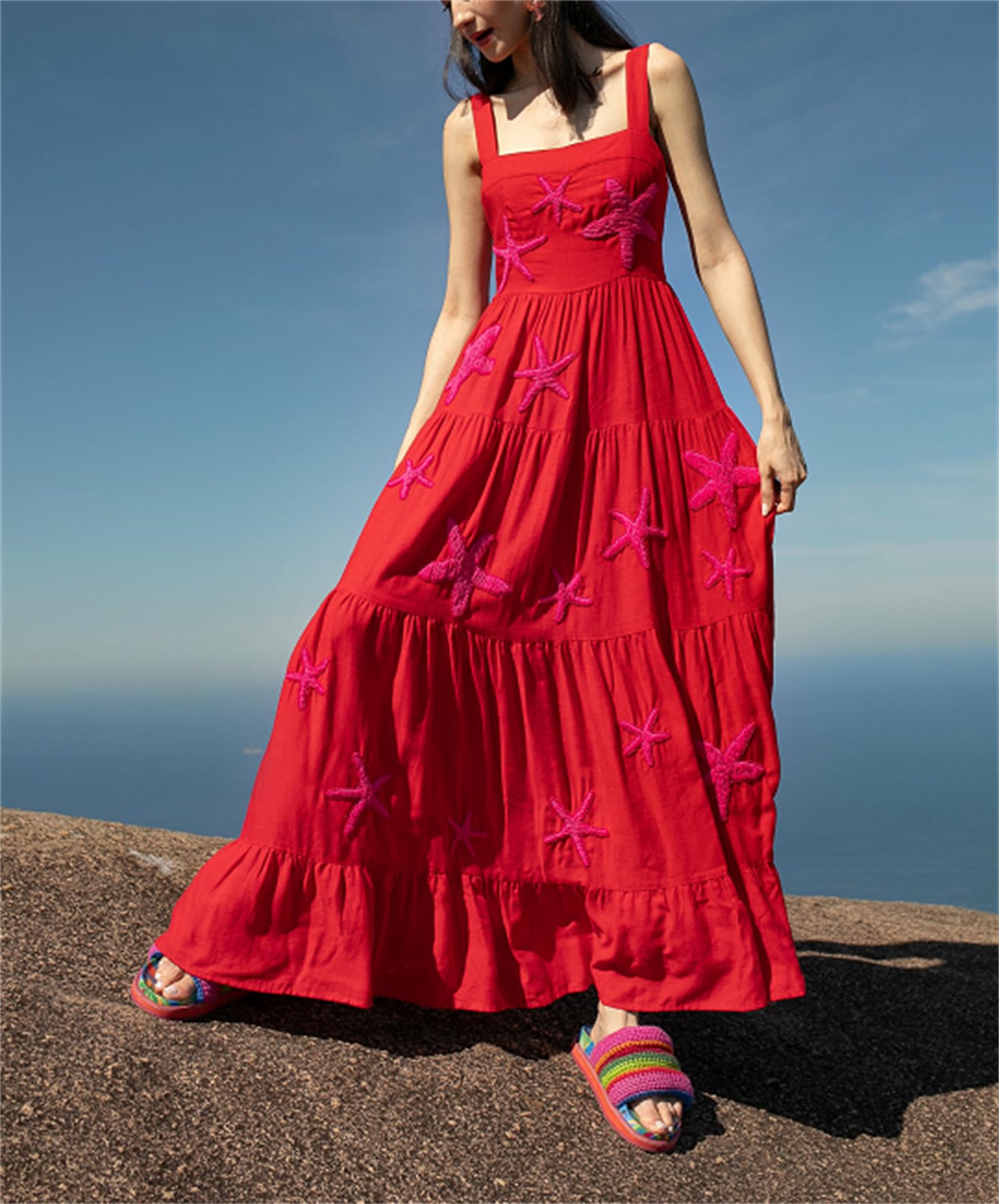 YuMengXuan Women's Boho Embroidered Maxi Dress - Flowy Summer Beach Dress with Ruffles & Spaghetti Straps | Perfect for Vacations, Music Festivals & Boho Chic Outfits