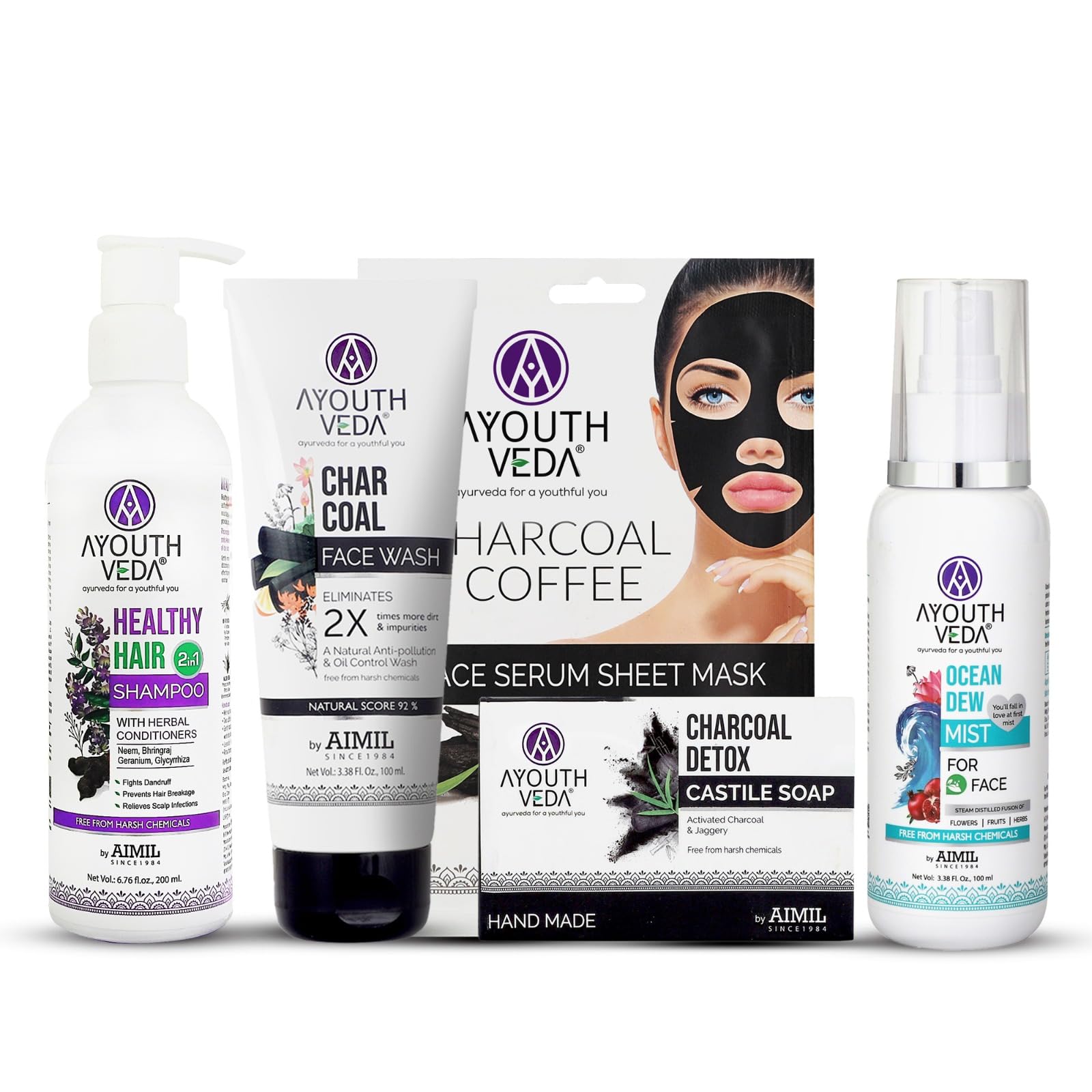 Ayouthveda Premium Body Care Gift Set - Charcoal Face Wash, Detox Soap, Ocean Dew Mist, Sheet Mask & Hair Shampoo | Valentine's Day Gift for Her/Him | Skincare Routine & Spa Day Essentials