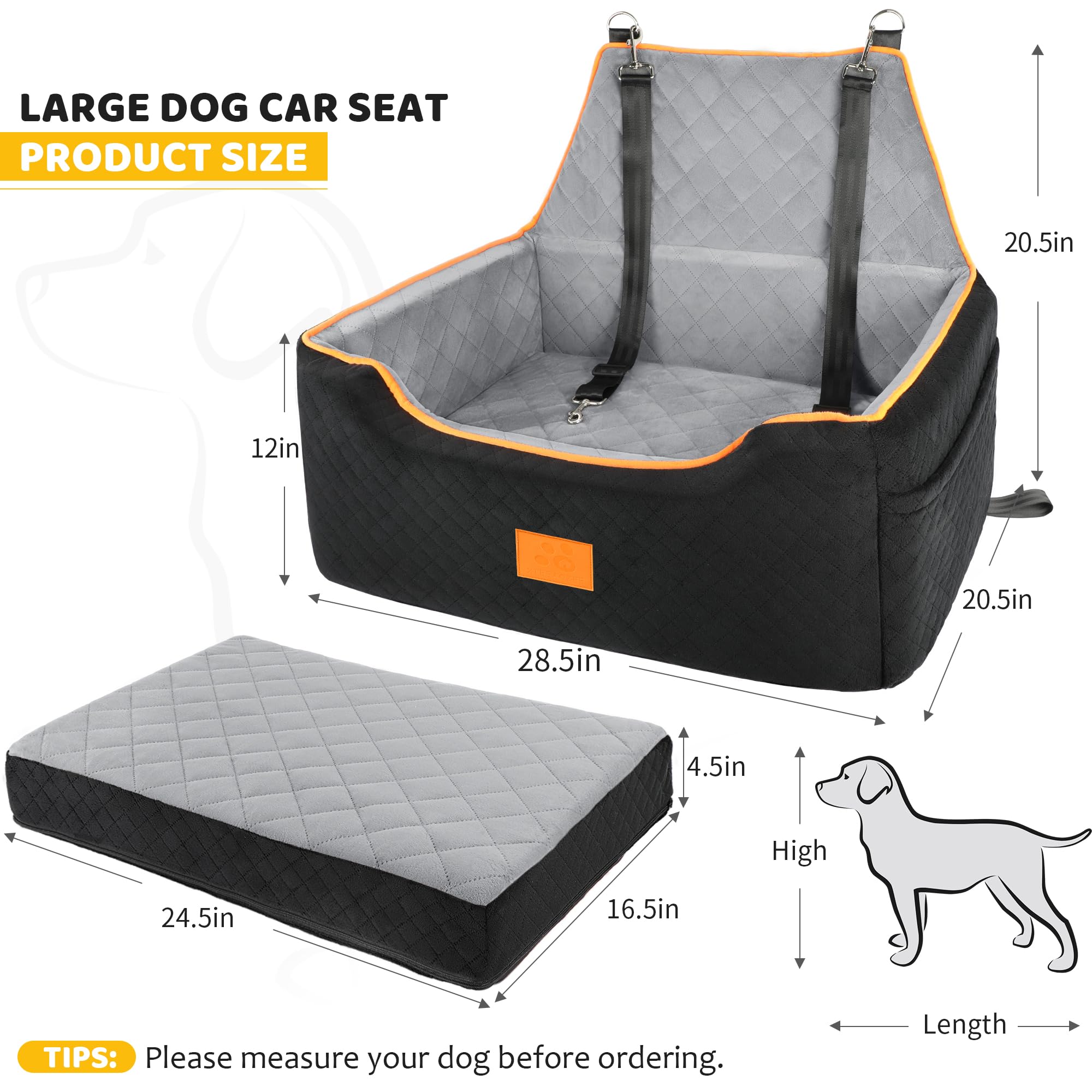 Premium Dog Car Seat for Large & Medium Dogs - Washable & Detachable Pet Booster Seat for Dogs Under 55Lbs (Fits 2 Small Dogs) - Thick Comfort Cushion with Storage Pockets (Black/Gray) - Perfect for Road Trips & Daily Commutes