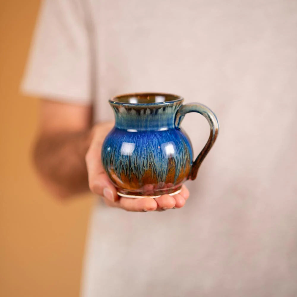 Blanket Creek Pottery Round Ceramic Mug - 12oz Amber Blue Handmade Coffee Cup for Home, Office & Camping Use