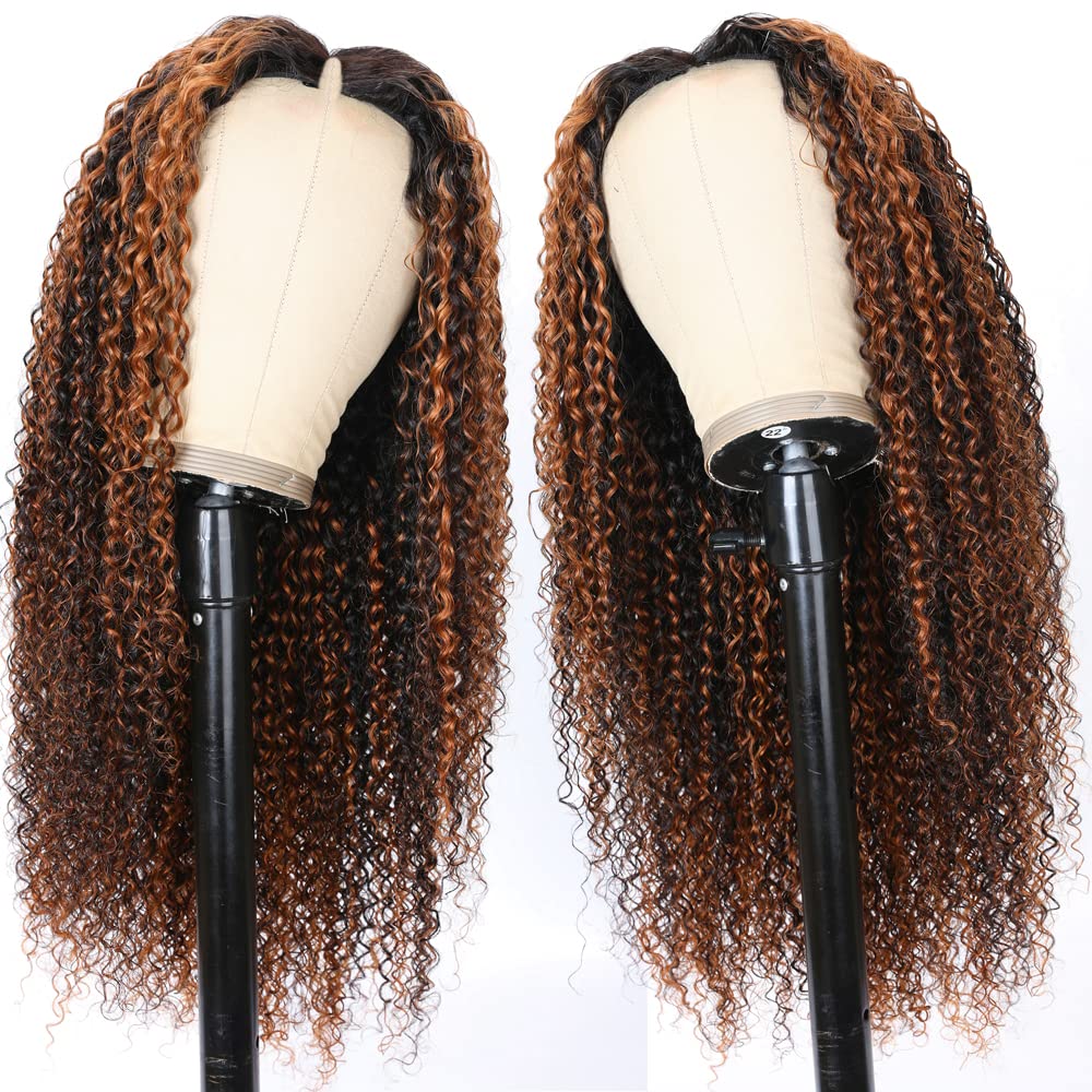UNICE 20 Inch Human Hair V Part Wig - Curly No Leave Out Balayage Brown Highlight Glueless Clip-In Wig for Beginners (No Sew In, No Glue) | Perfect for Daily Wear, Parties & Special Occasions