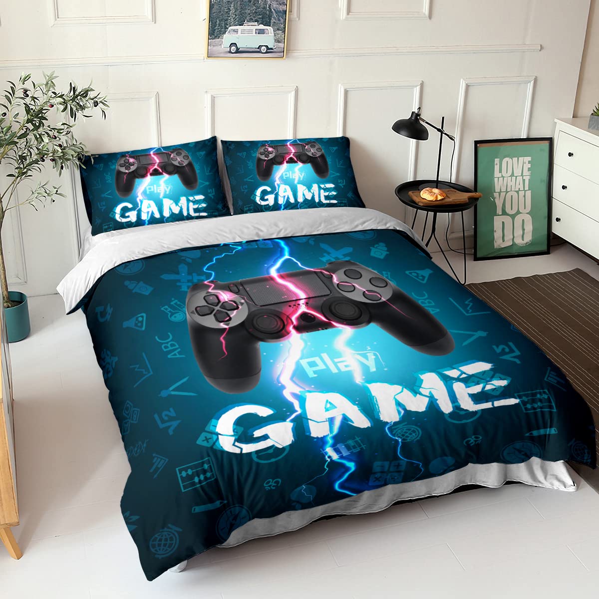 HOSIMA Gaming Bedding Set - Full Size Game Controller Printed Comforter Cover & Pillowcase - Gamer Room Decor for Boys - Perfect for Gaming Themed Bedrooms and Sleepovers