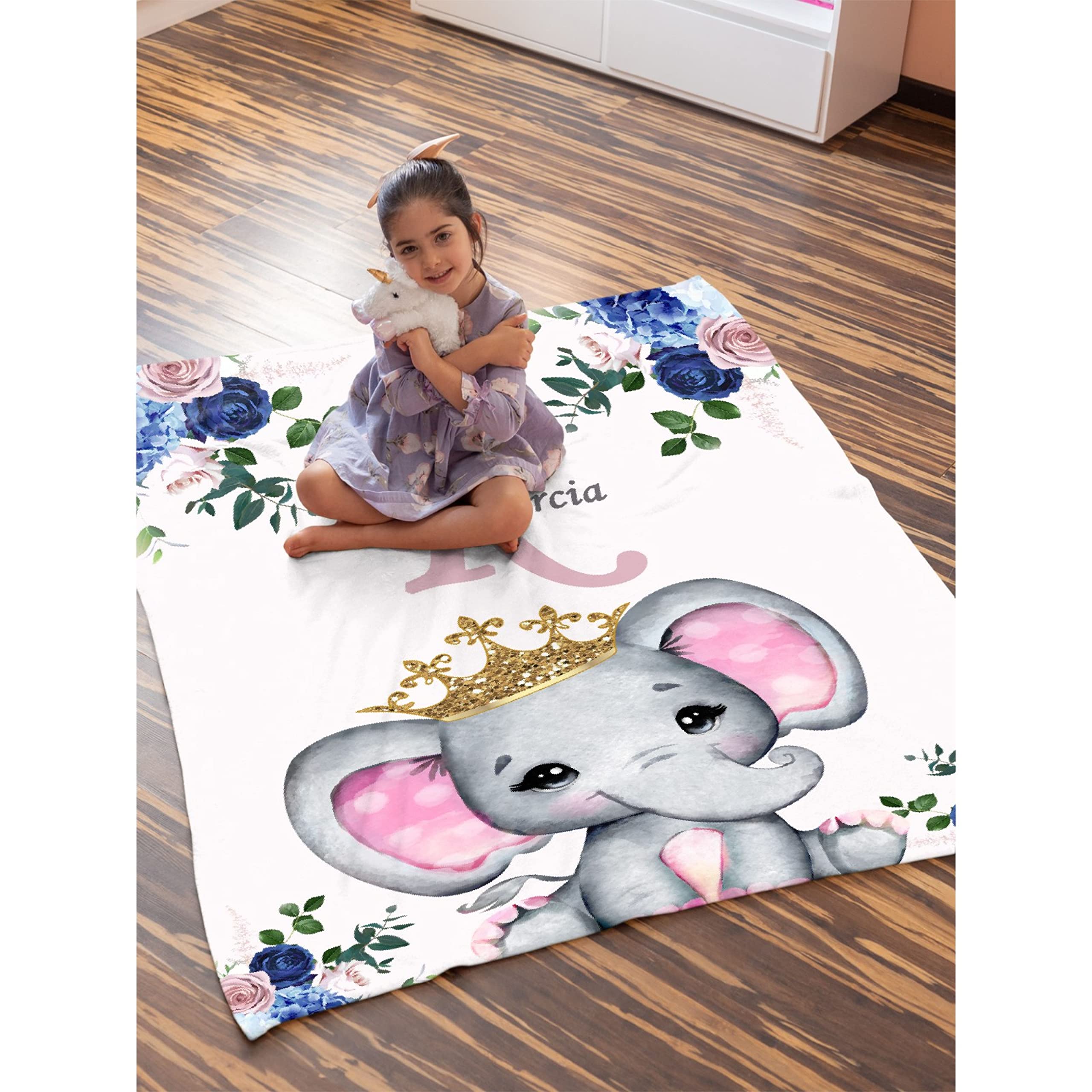 Personalized Baby Blanket with Name - Pink Floral Elephant Design Custom Fleece Blanket for Girls & Boys | Soft 120