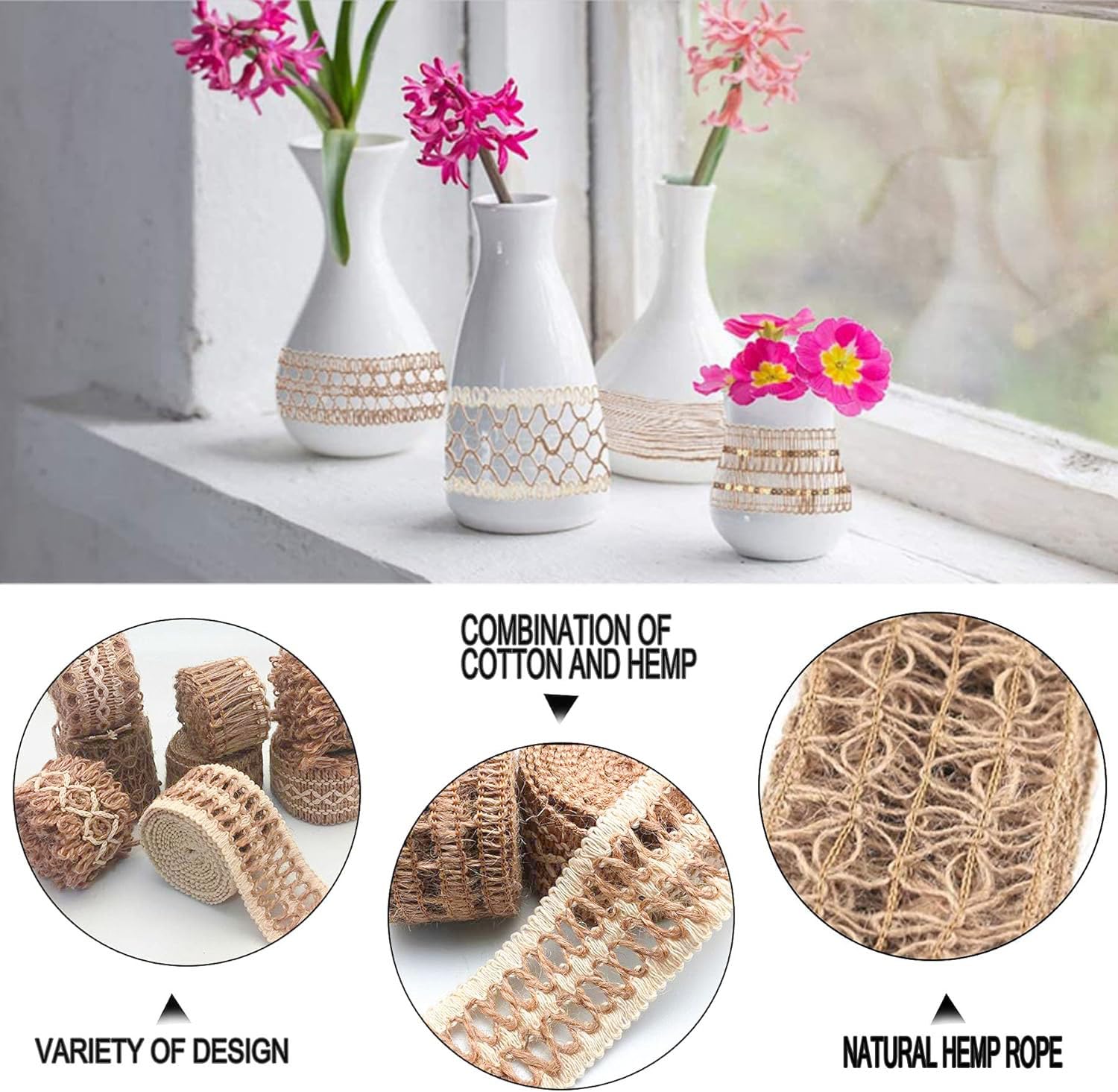 8 Rolls Natural Jute Ribbons for Crafts - 17.6 Yards Rustic Burlap Lace Ribbon for Gift Wrapping, Party Decor, Wedding & Holiday DIY Projects - Perfect for Rustic Wedding Centerpieces, Farmhouse Decor, and Handmade Gift Packaging