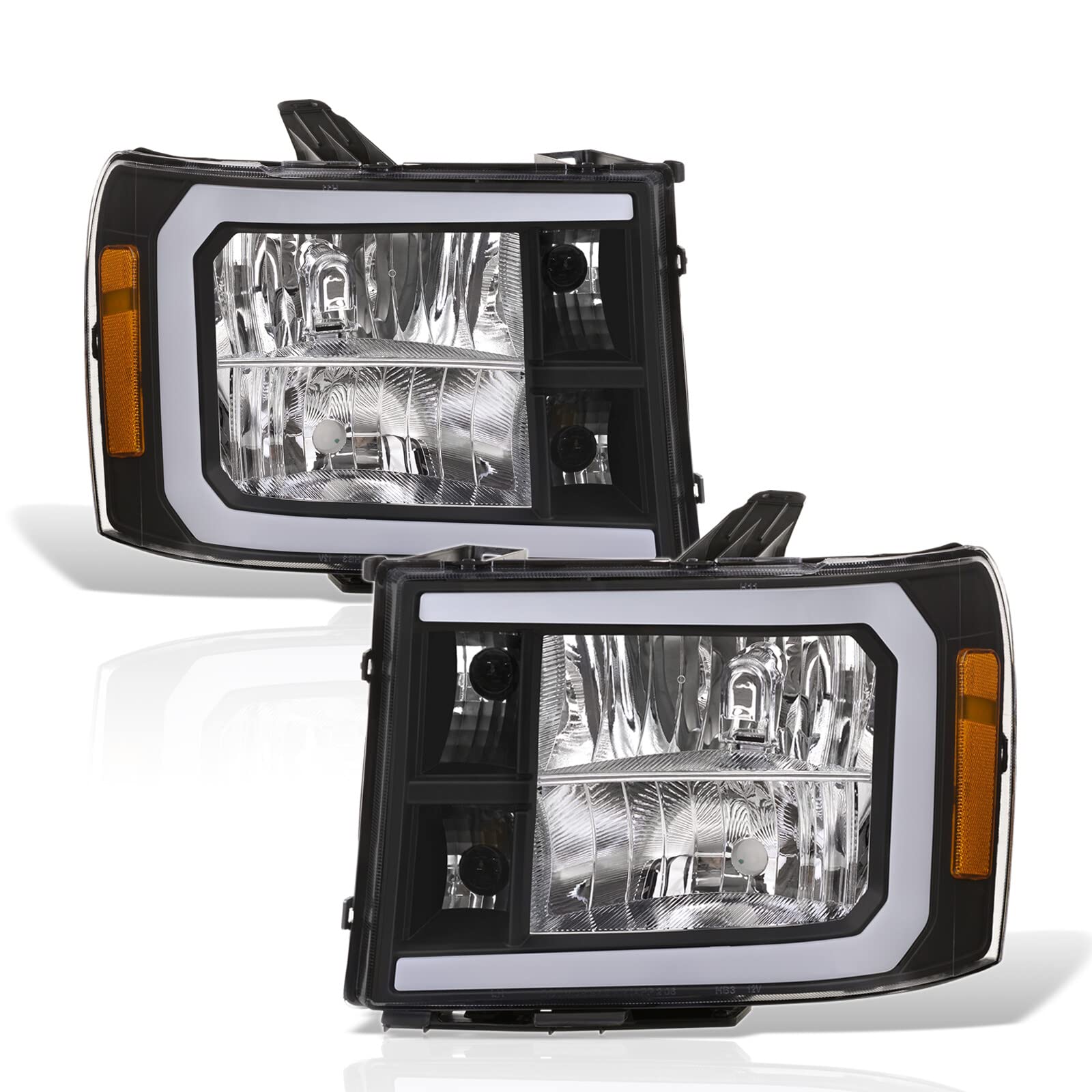 LED DRL Headlights for GMC Sierra 2007-2014 - Black Housing, Amber Reflectors - Upgrade Your Truck Lighting
