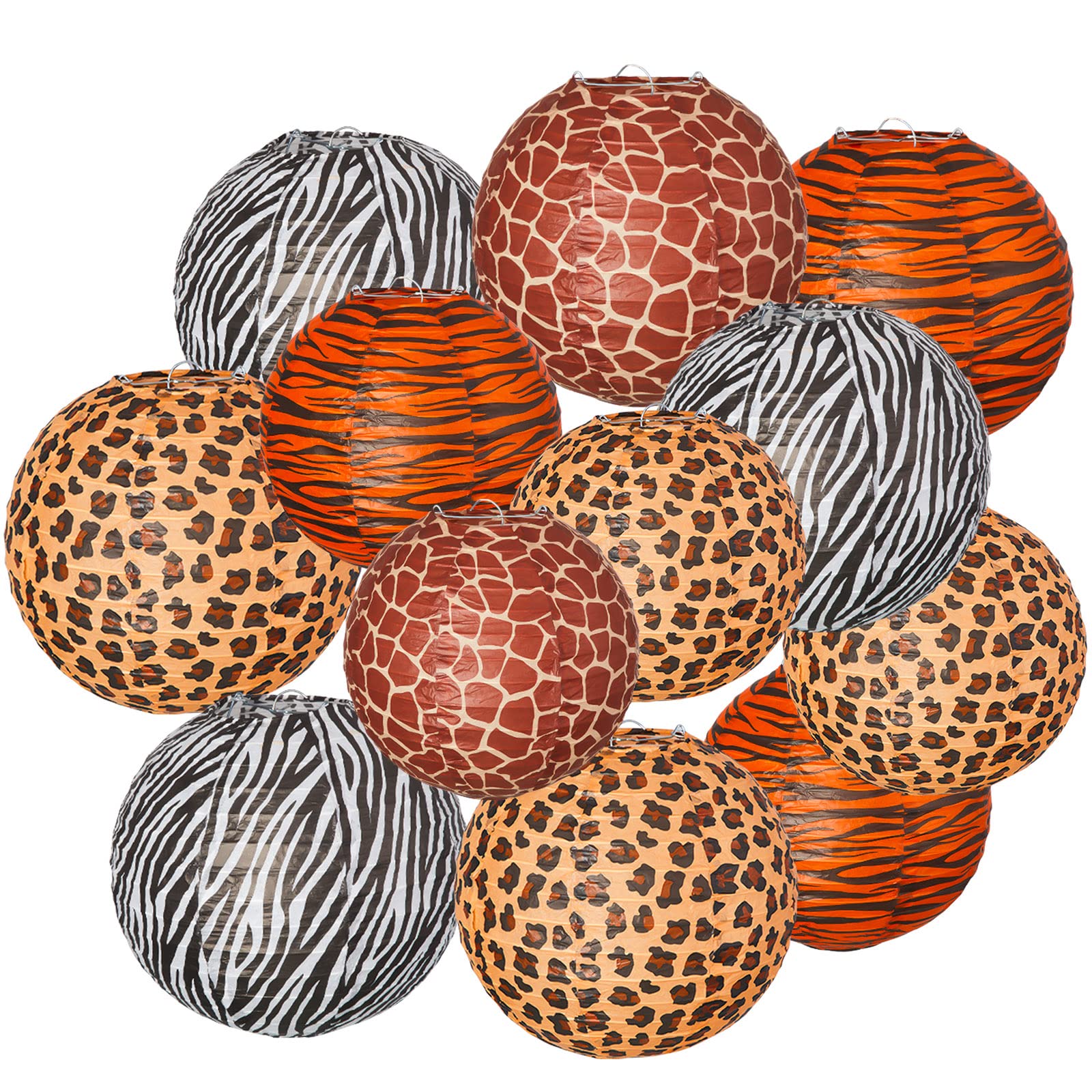 12 Pack Jungle Animal Print Paper Lanterns - Safari Party Decorations, Hanging Ceiling Decor for Birthday, Baby Shower, Farm Theme, Bedroom & Home Doorway (Wild Adventure Party Supplies)