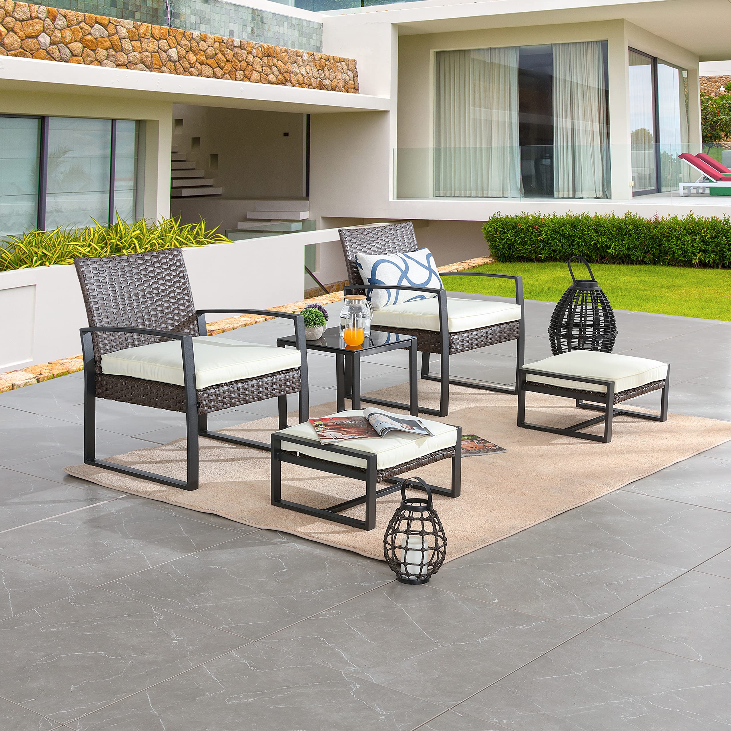LOKATSE HOME 5-Piece Wicker Outdoor Patio Furniture Set - All-Weather PE Rattan Conversation Set with Cushioned Chairs, Ottoman & Glass Coffee Table - Perfect for Balcony, Porch, Garden, and Backyard Relaxation