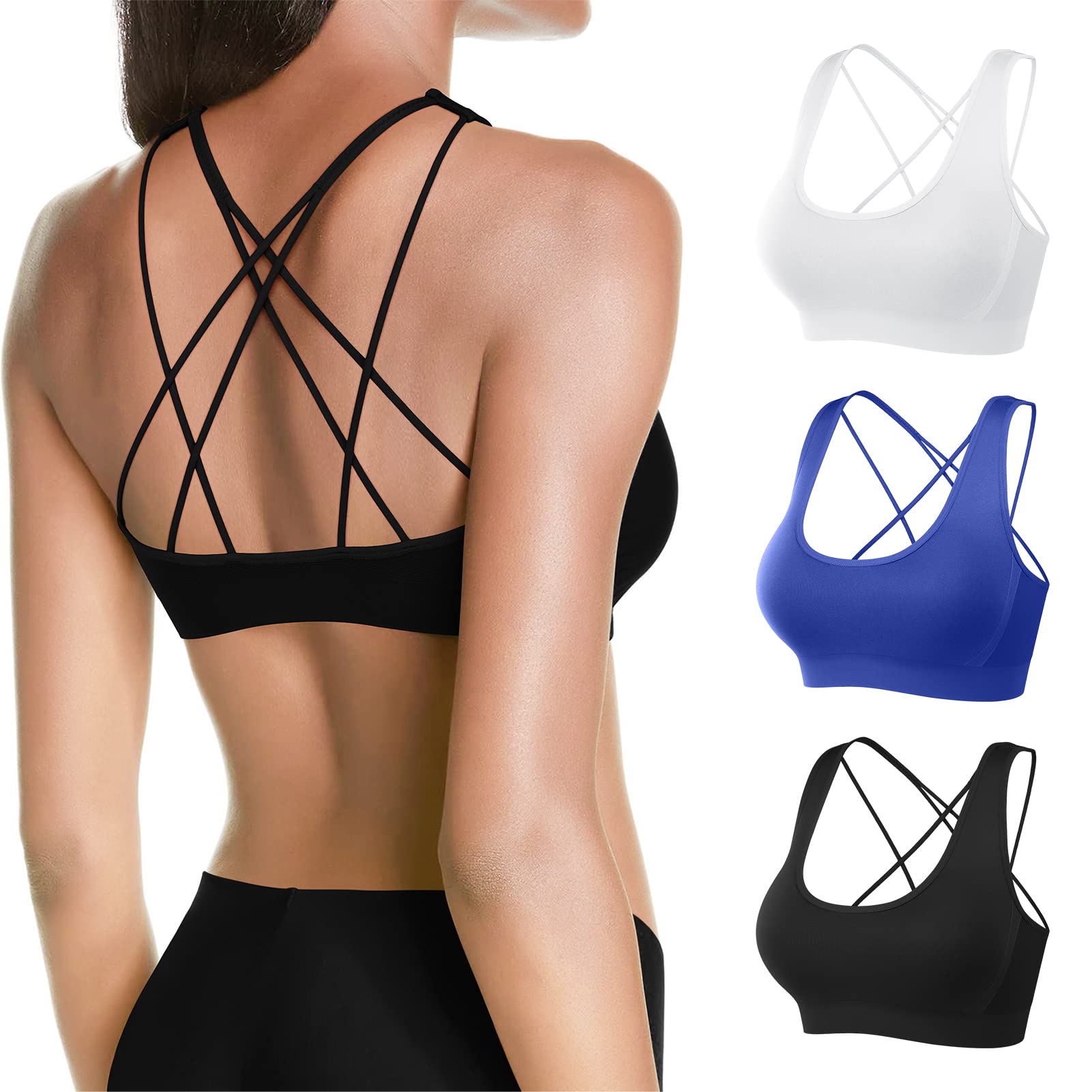 MOVINOW Women's Seamless Padded Sports Bra - Strappy Yoga Bra with Removable Cups for Workout, Running & Gym - Breathable High Support Activewear for Fitness & Daily Wear