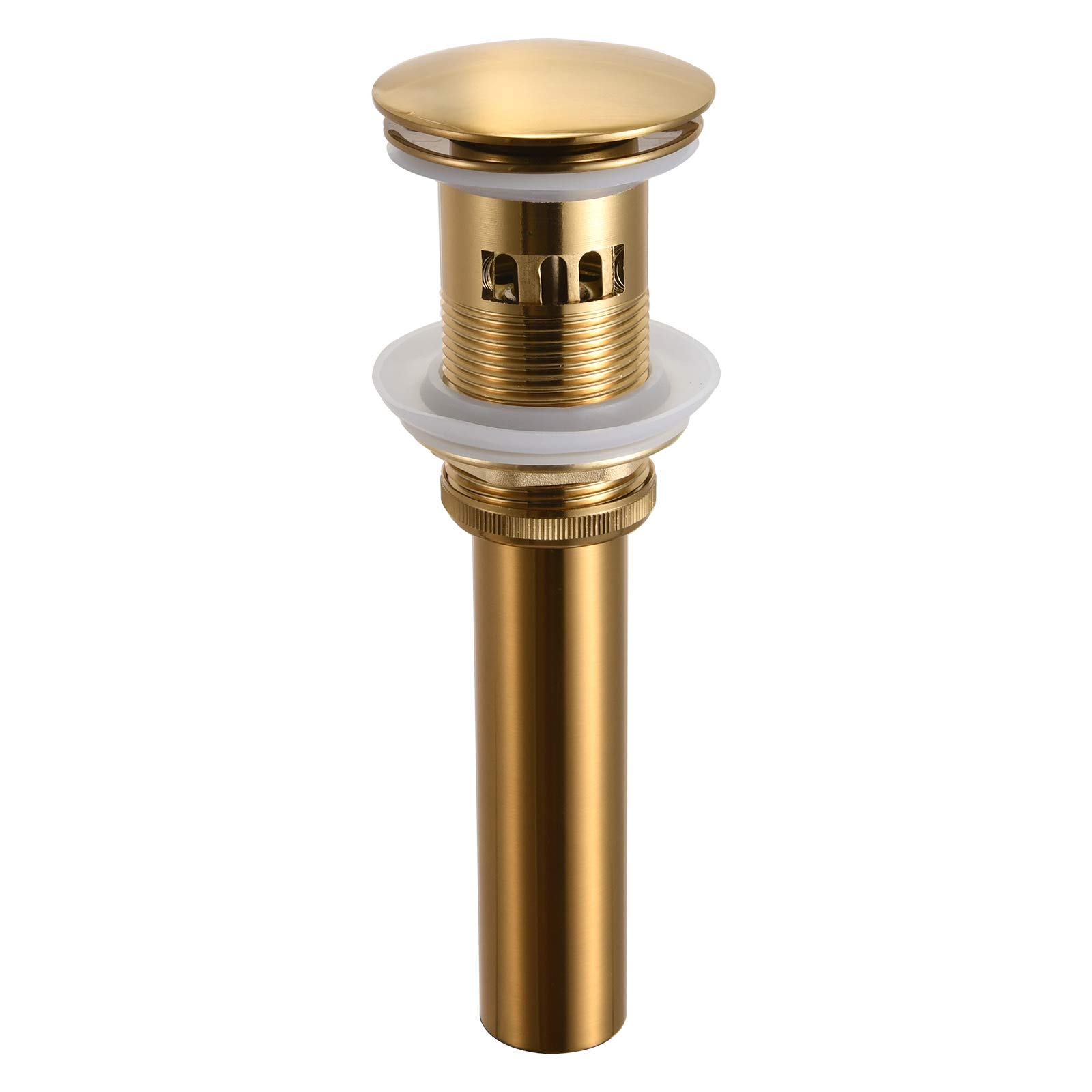 Brushed Gold 1-5/8 Inch Umbrella Waste Pop Up Drain with Filter Basket & Touch Method Stopper for Bathroom Vanity Vessel Sink - Perfect for Modern Home Bathroom Renovation and Luxury Hotel Decor