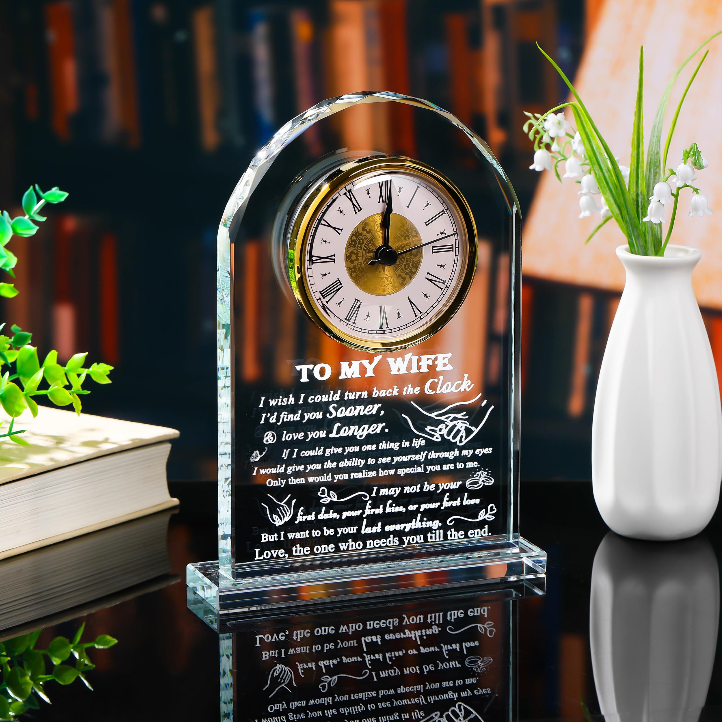 Personalized Crystal Clock Gift for Wife - Unique Anniversary, Birthday & Wedding Present from Husband - Thoughtful Keepsake for Her Desk, Office or Home Decor