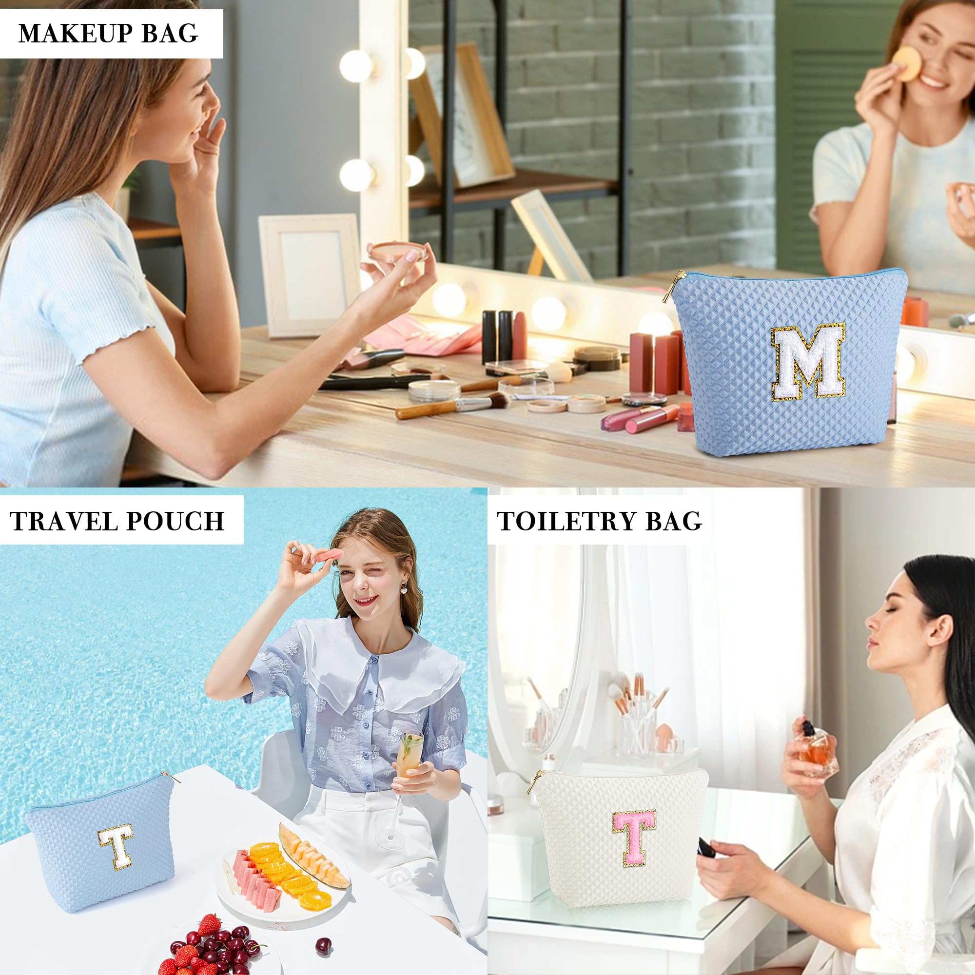 YOOLIFE Personalized Monogram Initial Makeup Bag for Women - Cute Cosmetic Travel Toiletry Pouch, White Makeup Organizer for Daily Use, Gifts & Travel Essentials