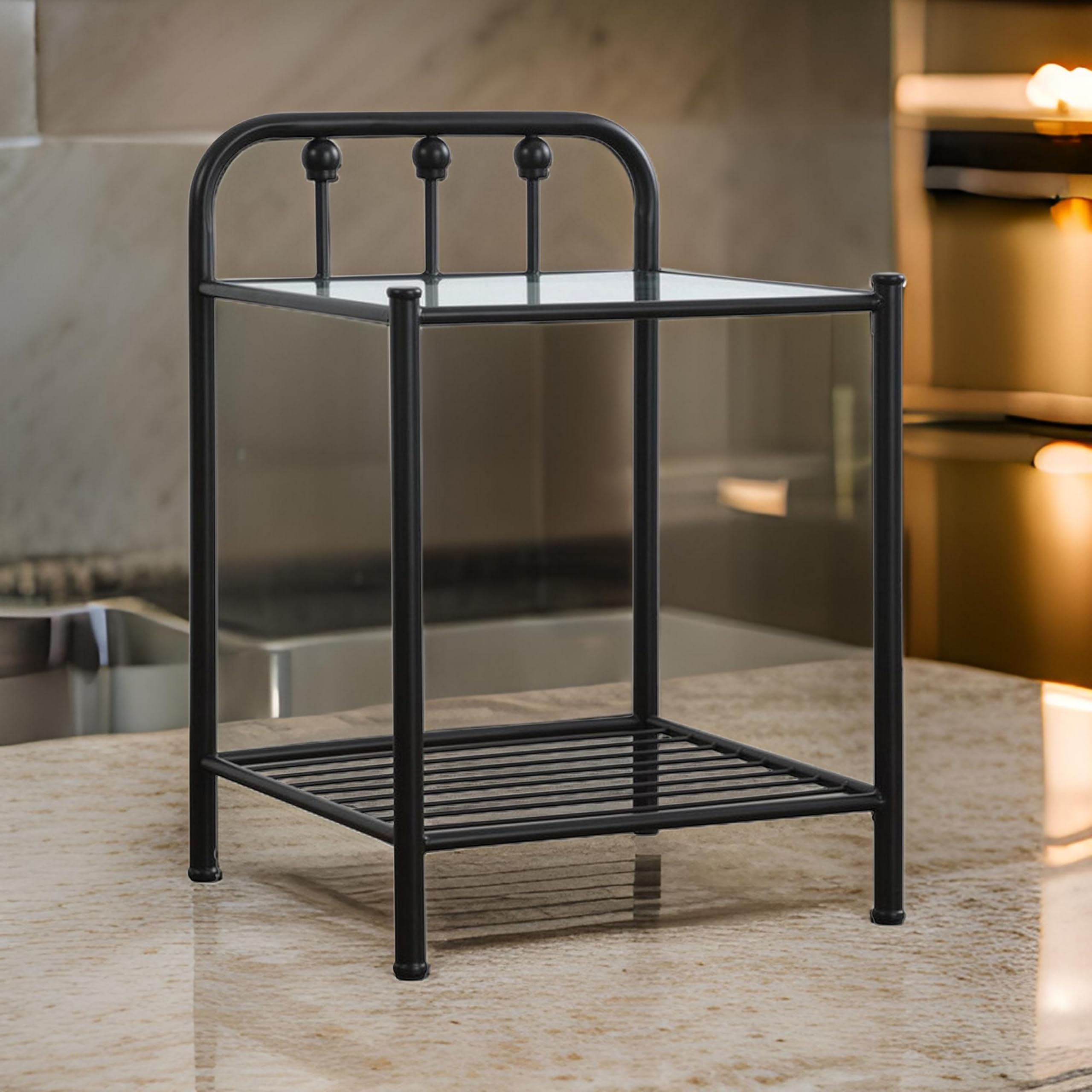 Black Benjara Metal Nightstand with Glass Top & Slatted Open Bottom Shelf - Modern Bedside Table for Bedroom, Living Room, or Office