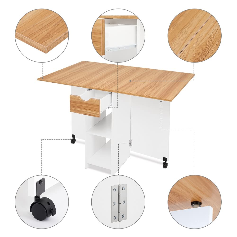 Space-Saving Drop Leaf Folding Dining Table with 1 Drawer & 2 Open Shelves - Modern Kitchen Table for Small Spaces in White & Red Oak - Perfect for Apartments, Breakfast Nooks & Compact Dining Areas