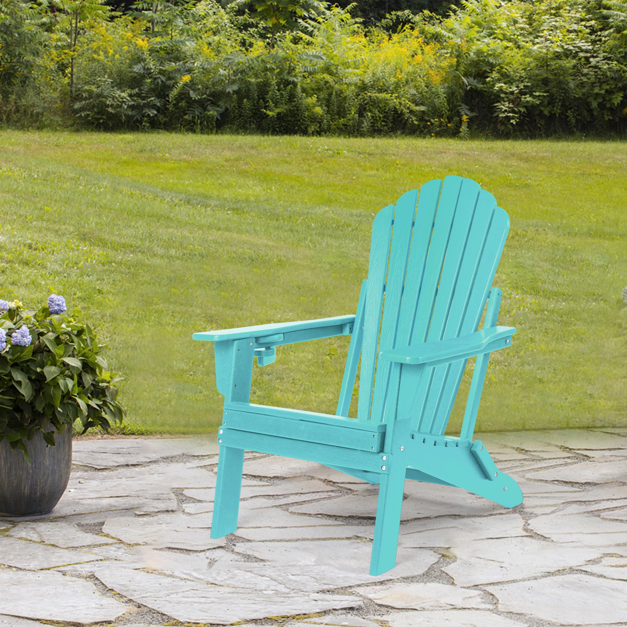 Folding Adirondack Chair with Cup Holder - Heavy Duty All-Weather HDPE, Wooden Textured, SGS Tested for Outdoor Comfort (Aruba Blue) - Perfect for Patio, Garden, Poolside & Backyard Relaxation