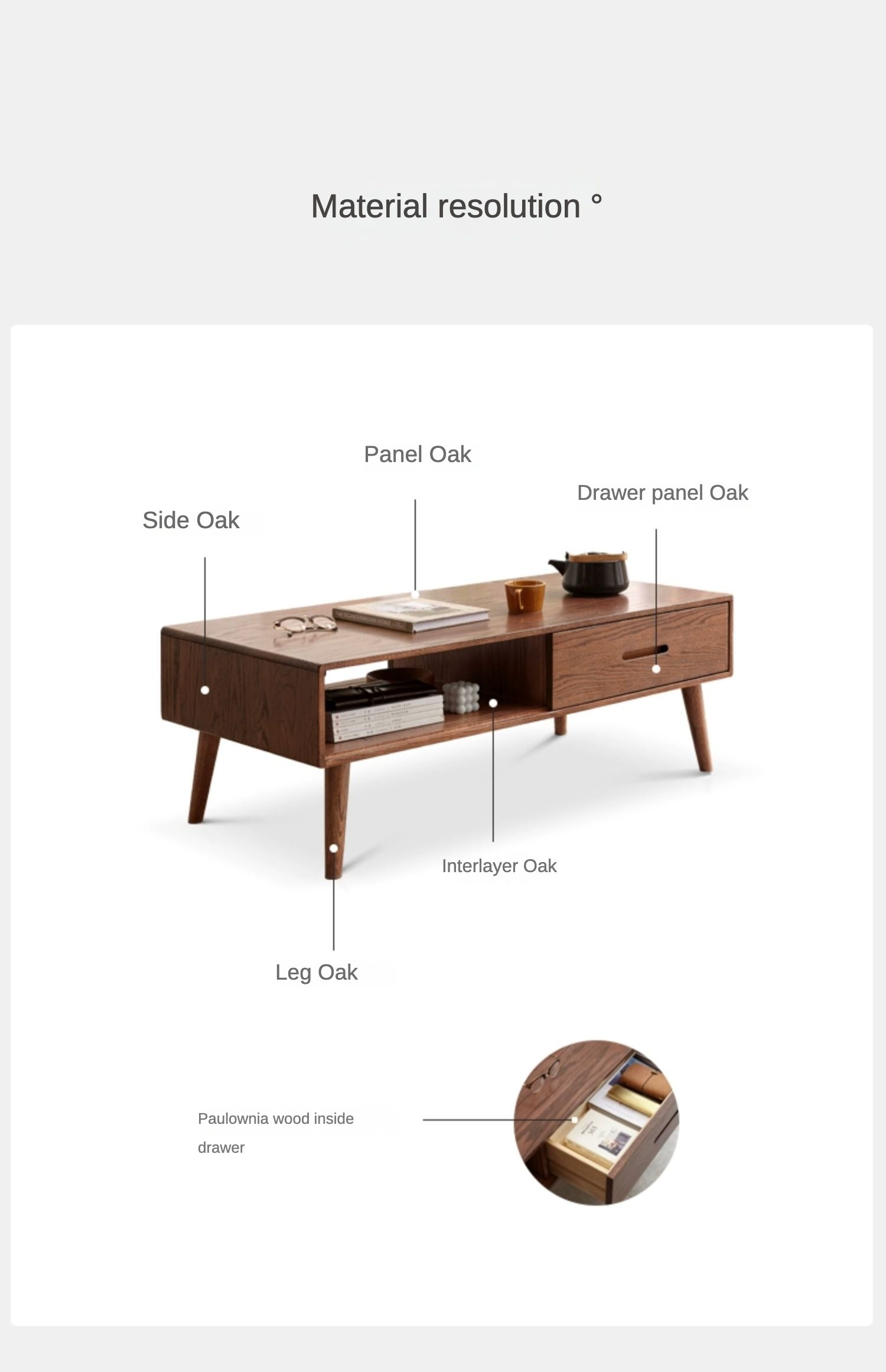 Solid Oak Wood Two-Drawer Coffee Table - Walnut Finish | Rustic Living Room Furniture for Home Decor & Storage