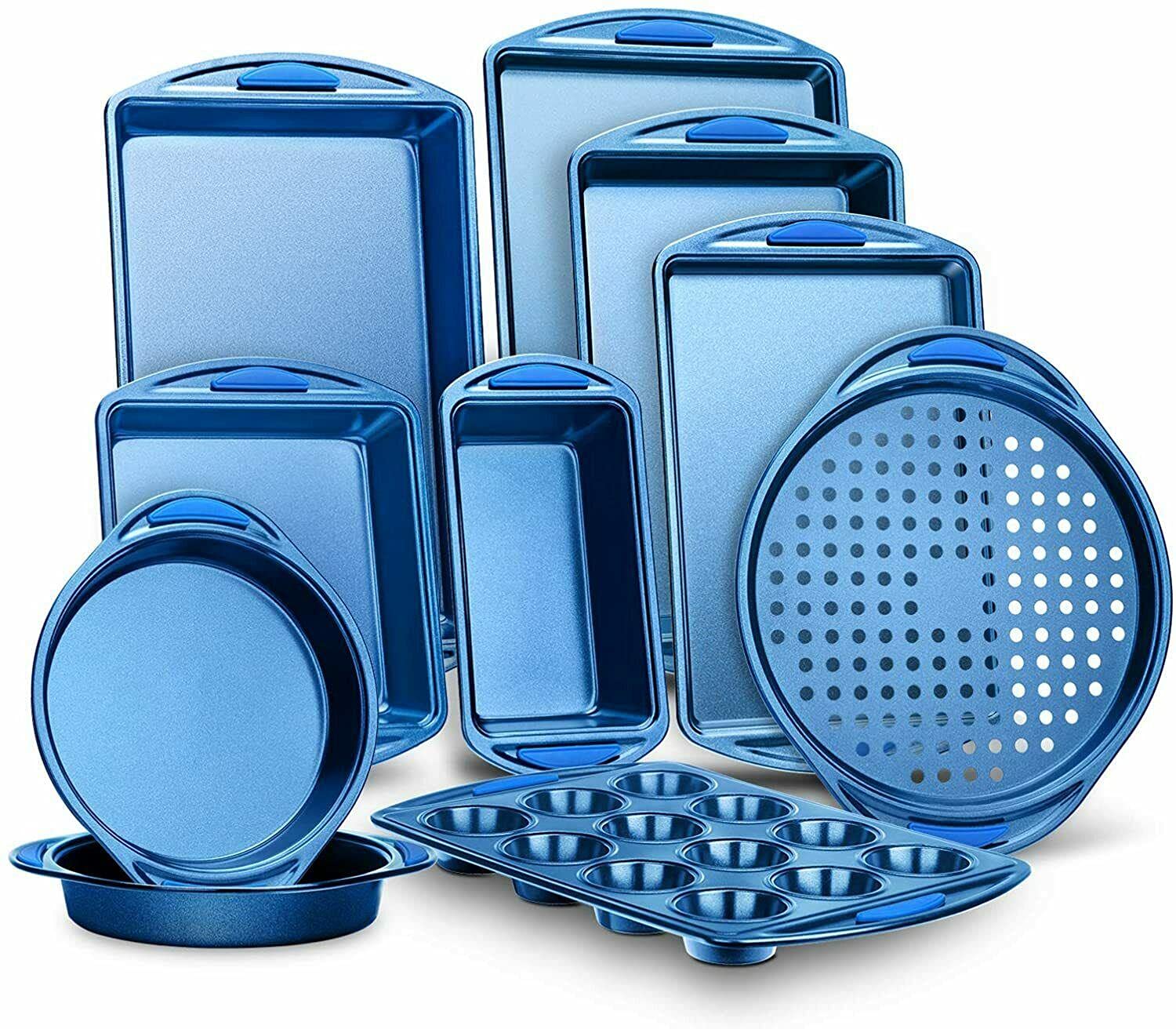 Non-Stick Steel Bakeware Set with Blue Silicone Handles - 12-Piece Baking Pans Set for Cookies, Muffins & Cakes | Durable Oven Safe Kitchen Essentials for Home Bakers & Professional Chefs | Perfect for Baking, Roasting & Meal Prep