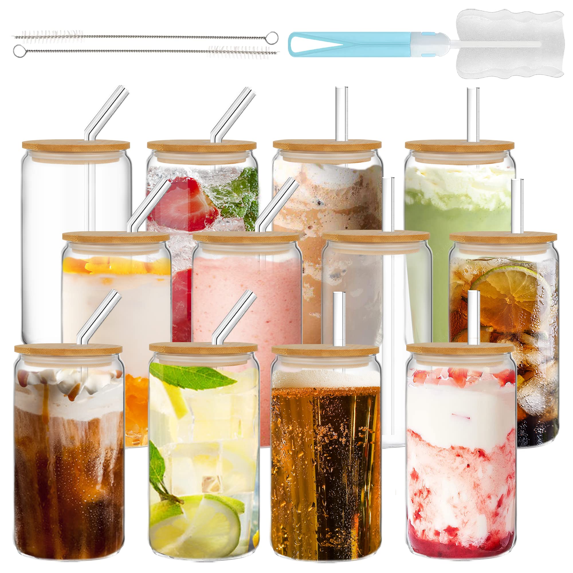 12-Pack 16oz Glass Drinking Cups with Bamboo Lids & Glass Straws - Reusable Iced Coffee Tumblers for Soda, Cold Brew, Smoothies - Perfect for Home, Office & Outdoor Use