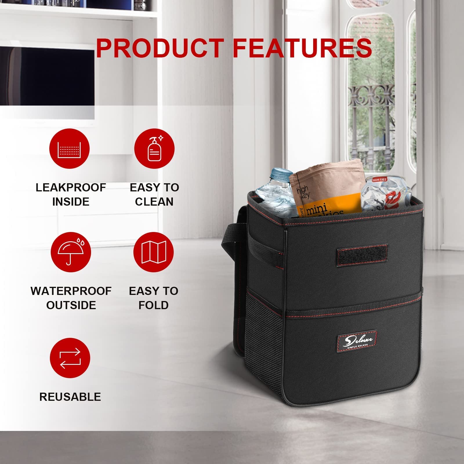 Simple Deluxe 2 Pack Leak-Proof Car Trash Can with Lid & Storage Pockets - Adjustable Straps, Collapsible & Waterproof 2 Gallon Auto Garbage Bin for SUV, Truck, Road Trips & Travel Accessories - Black