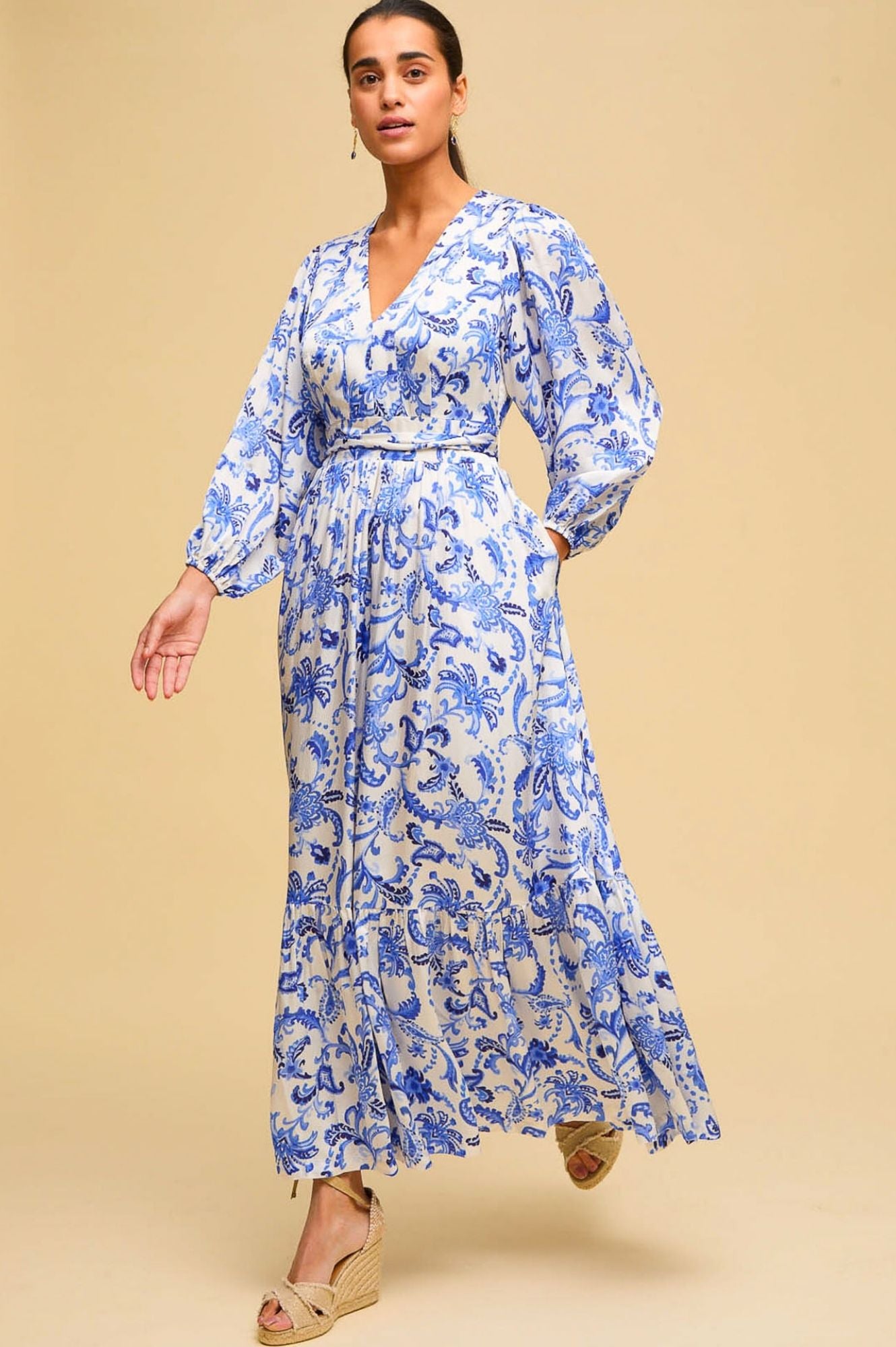 Annie Hammered Satin Maxi Dress for Women - Elegant Cream & Blue Flowy Long Dress for Evening Parties, Weddings & Special Occasions
