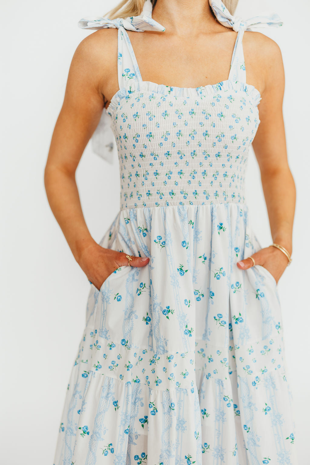 Kathryn Floral Print Tie Shoulder Maxi Dress - Ivory & Blue Floral Summer Dress for Women | Perfect for Beach Vacations, Weddings & Date Nights