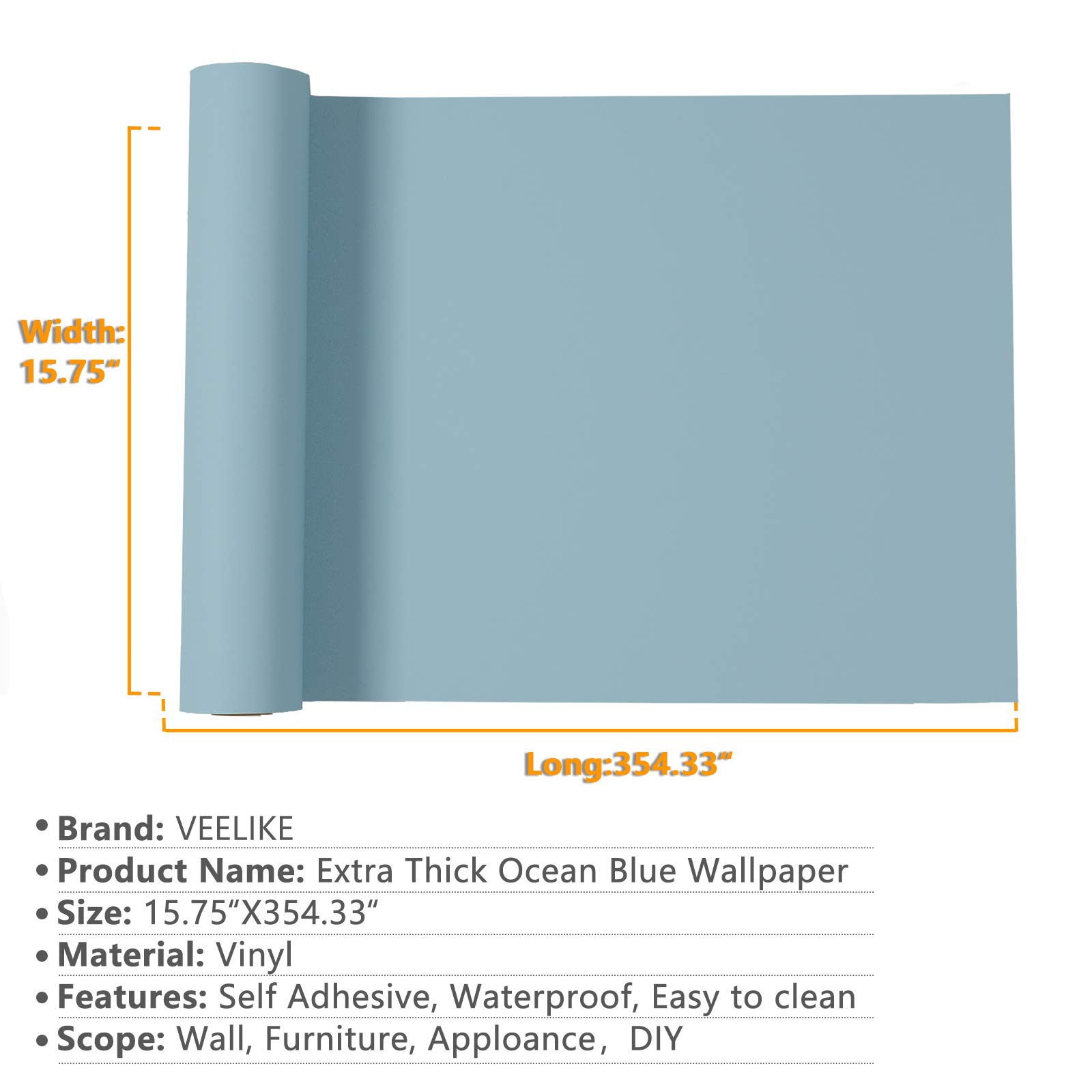 VEELIKE Ocean Blue Peel and Stick Wallpaper - Thick Self-Adhesive Waterproof Vinyl Film for Walls, Countertops, Cabinets & Drawers | Decorative Contact Paper for Bedroom, Kitchen & Home Decor (15.7''x354'') | Perfect for DIY Home Renovation, Furniture Upcycling & Shelf Lining