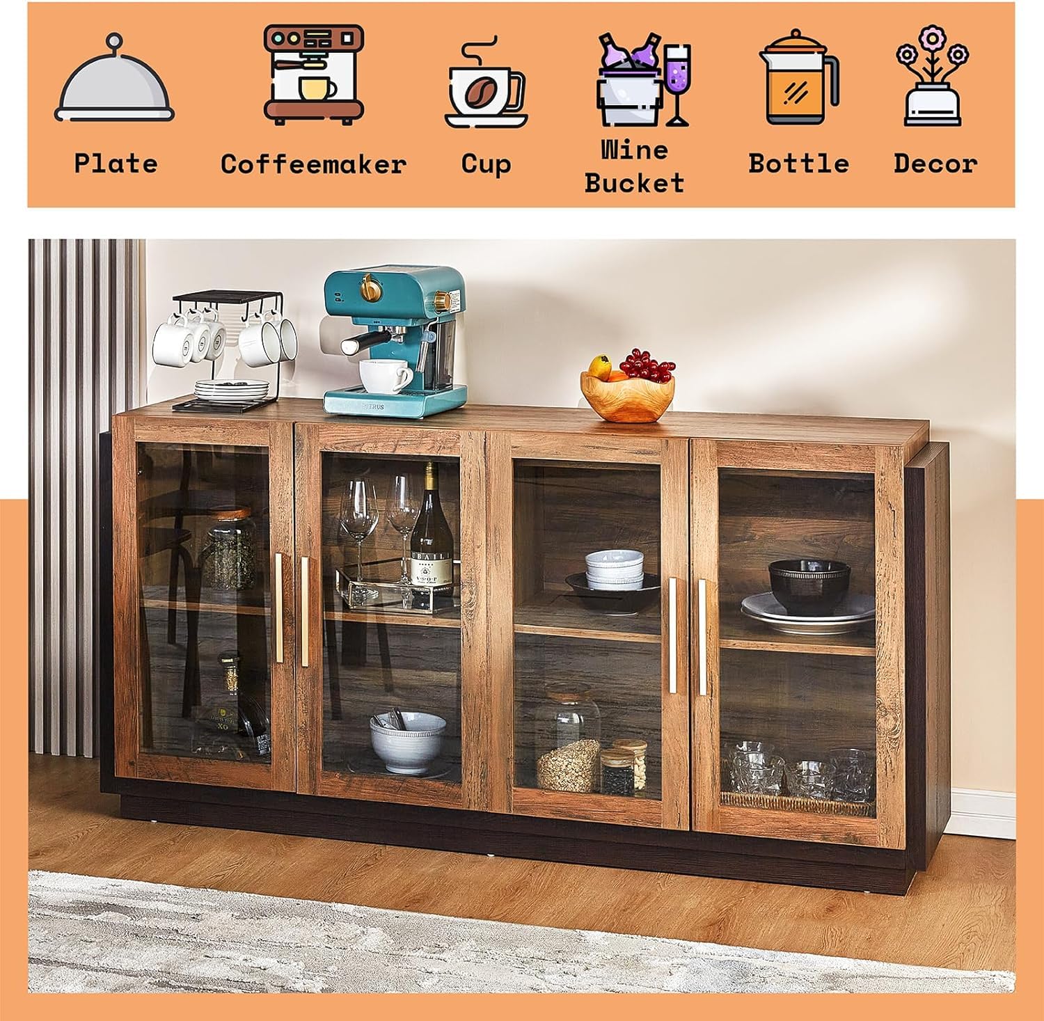 AMERLIFE Modern Sideboard Buffet Cabinet with LED Lights & Glass Doors - Adjustable Shelf Storage Console Table for Dining & Living Room - Barnwood & Brown Accent Furniture (Perfect for Home Decor, Entertaining & Displaying Collectibles)