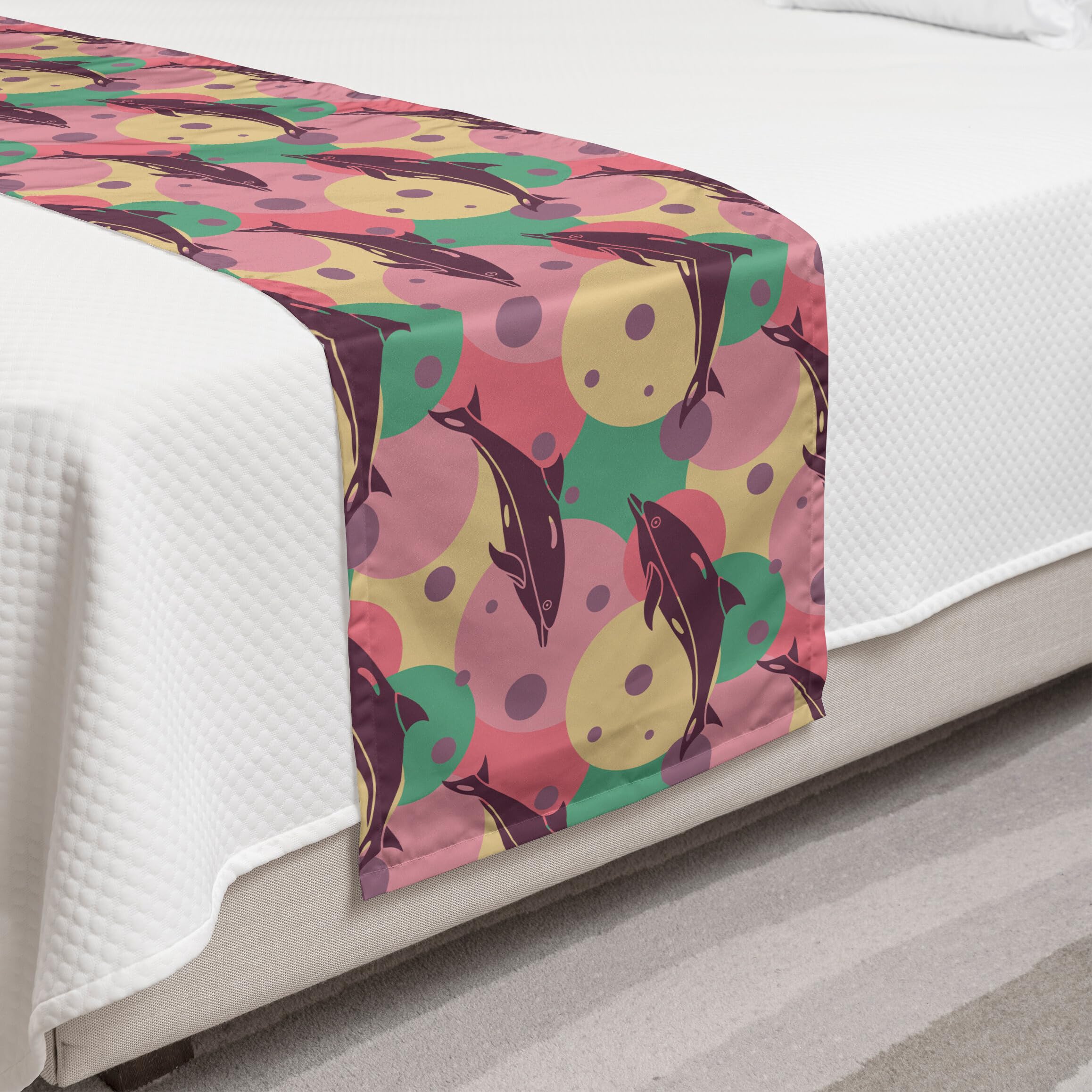 Ambesonne Aquatic Bed Runner with Dolphins Underwater Bubbles - Colorful Ocean Sea Illustration Decorative Accent Bedding Scarf - Jade Green & Dried Rose - Perfect for Hotels, Homes & Guestrooms - Adds Coastal Theme to Bedroom Decor