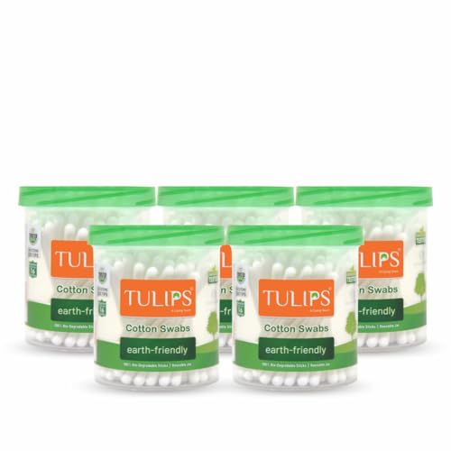 JP ENTERPRISES TULIPS 100% Cotton Swabs with Eco-Friendly White Paper Sticks - 5 Packs (100/200 Tips per Jar) for Makeup, Baby Care & First Aid Kit