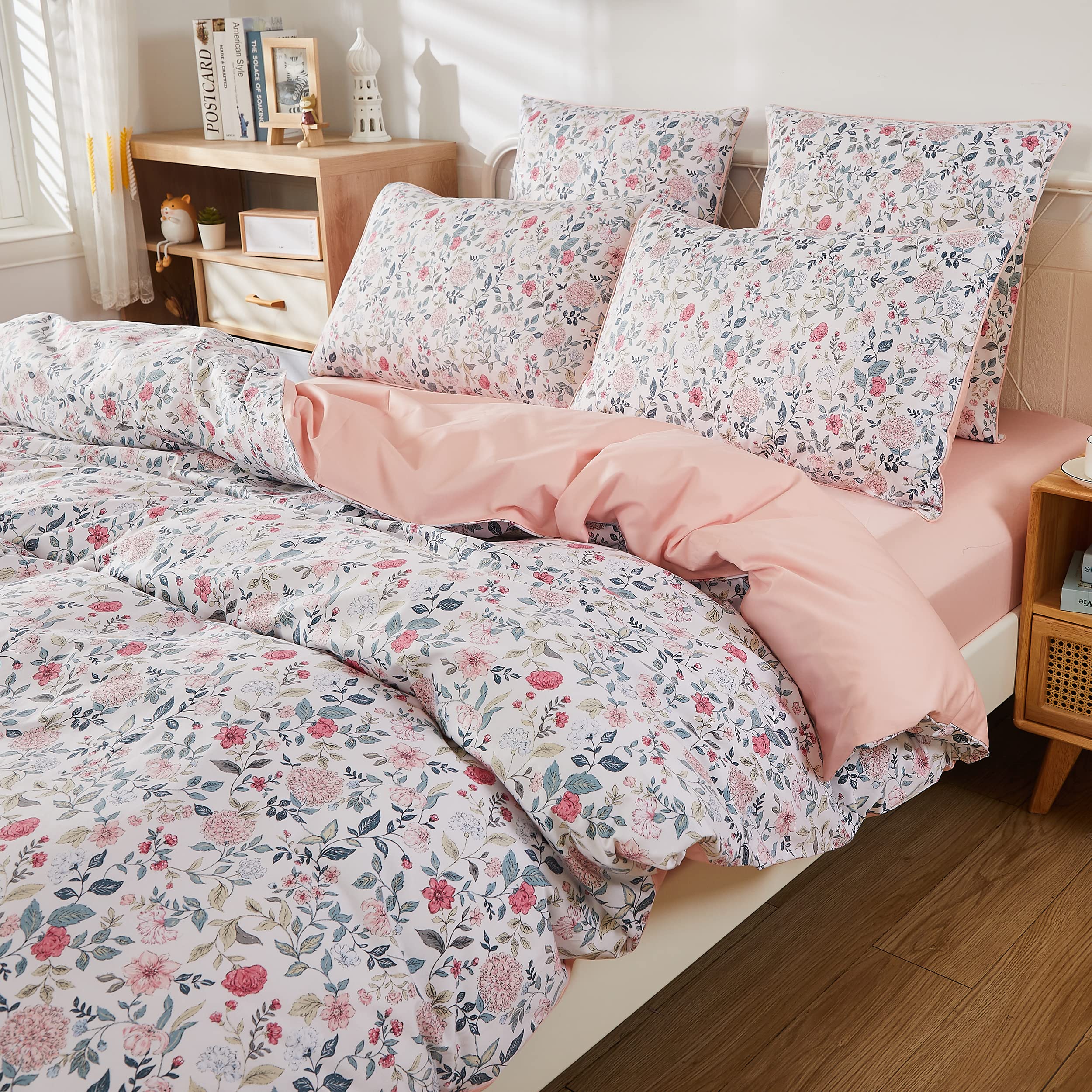 Vintage Boho Floral Duvet Cover Set - 100% Egyptian Cotton 3-Piece Cal King Bedding with Rose Peony Pattern | Elegant & Chic Flower Leaves Design for Master Bedroom & Guest Room Decor