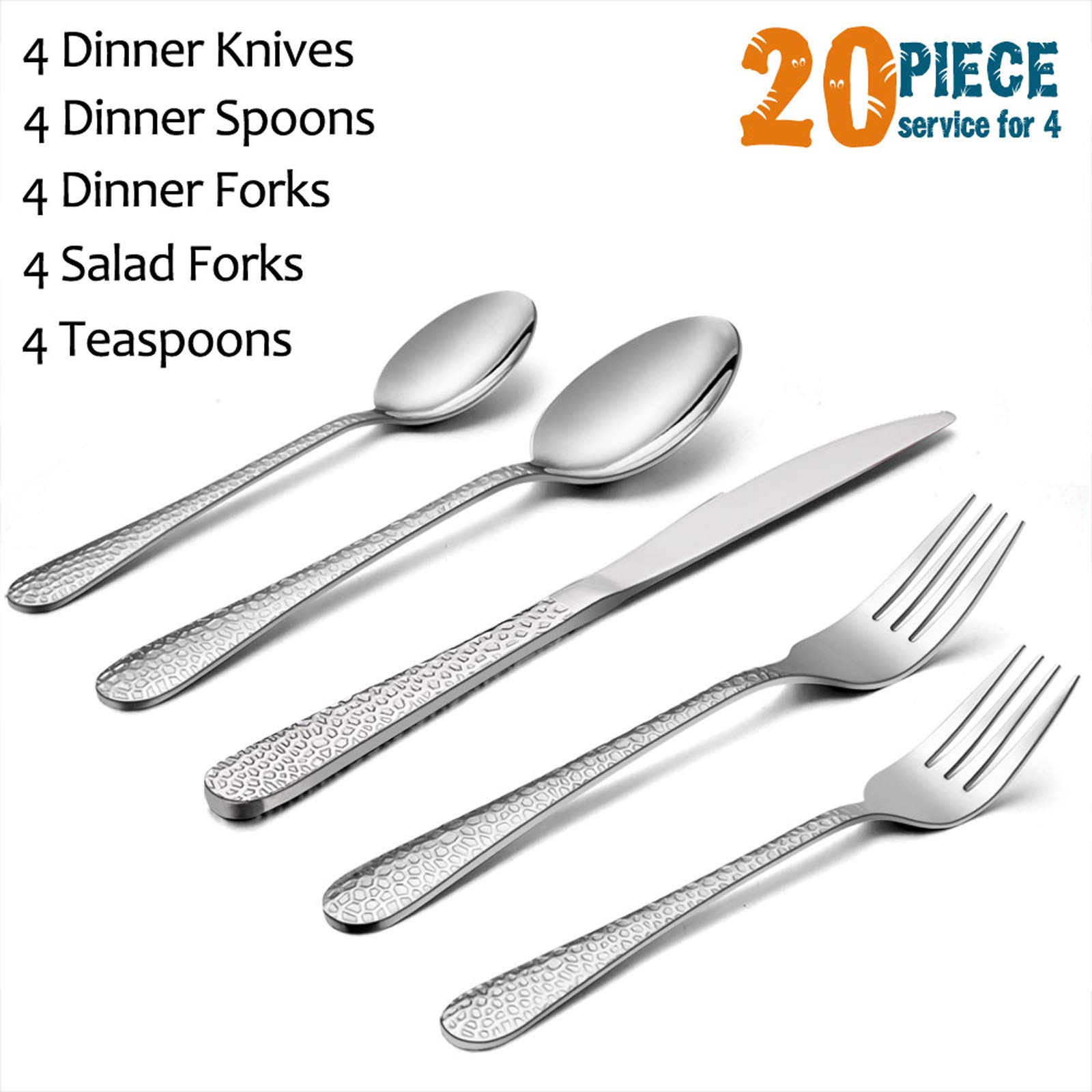 Hammered Silverware Set for 4 - E-far 20-Piece Stainless Steel Flatware Cutlery Set with Knives, Forks, Spoons - Modern Mirror Polished Design - Dishwasher Safe - Perfect for Dinner Parties, Weddings & Everyday Dining