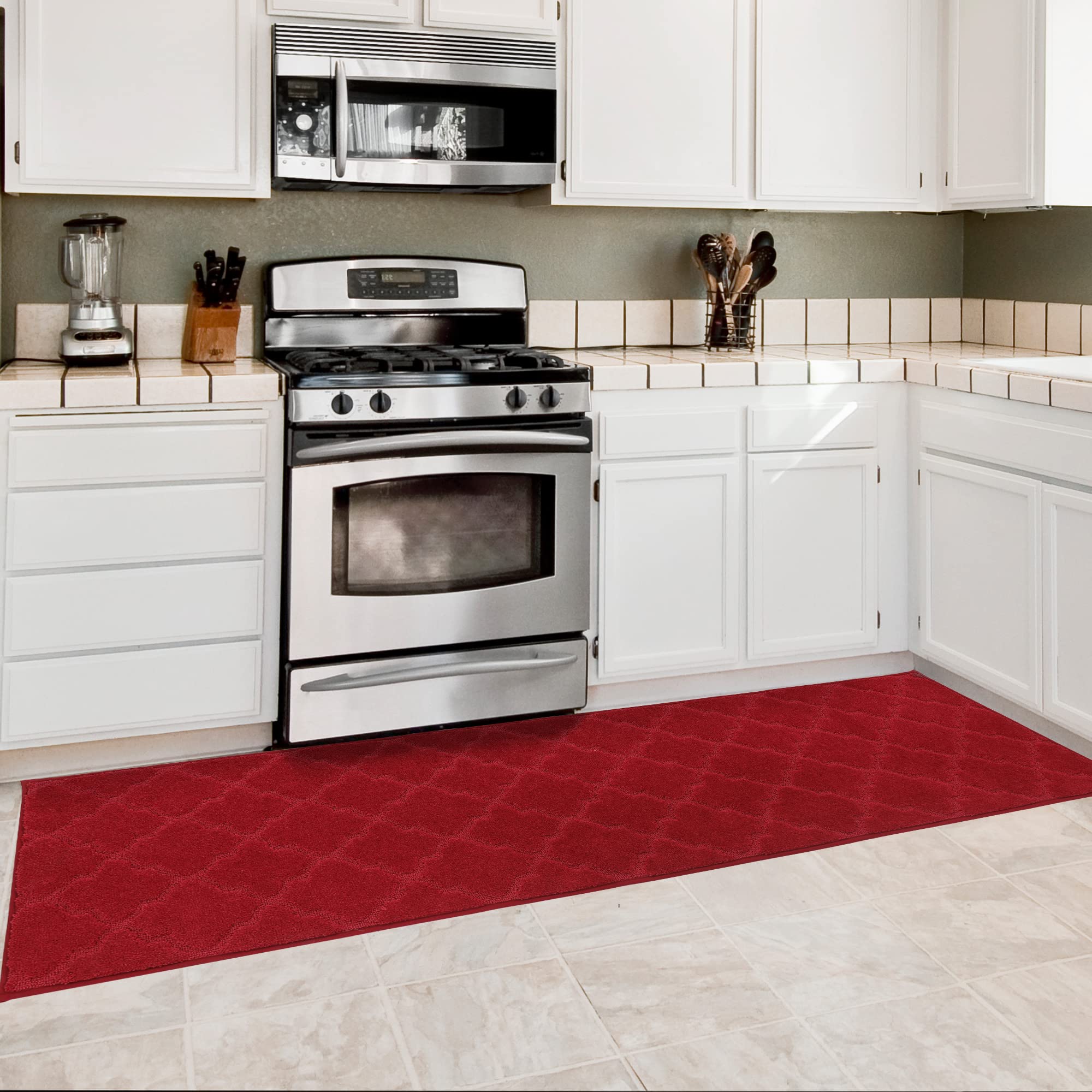 Non-Slip Soft Kitchen Floor Mat - Super Absorbent Sink Rug 20x79 Inches, Washable Polyester Standing Mat for Comfortable Cooking - Perfect for Kitchen, Laundry Room & Bathroom (Red)