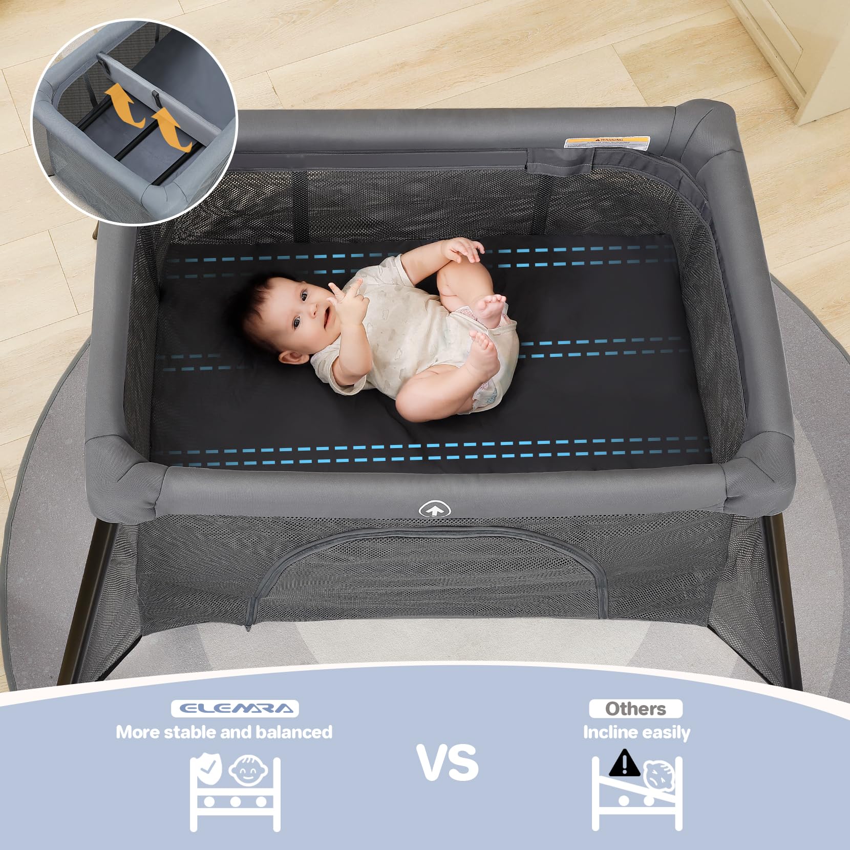 ELEMARA 3-in-1 Portable Baby Travel Crib with Comfort Mattress - Lightweight Foldable Playard for Toddlers | Easy Setup Indoor Outdoor Playpen | Perfect for Home, Travel & Camping Use