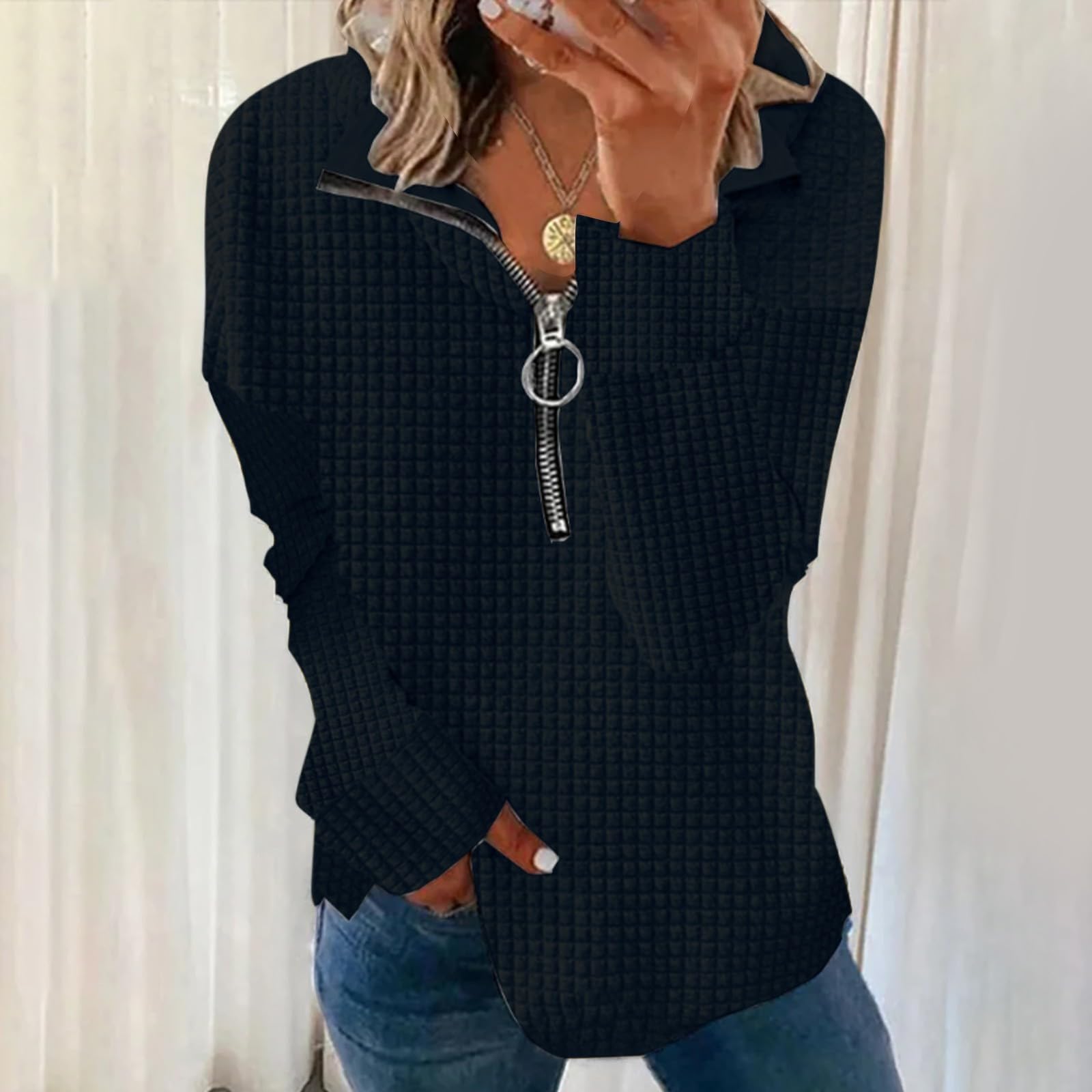 DABAOK Women's Long Sleeve V-Neck Blouse with 3/4 Sleeves & Zipper Collar - Stretchy Spandex Cotton Shirt for Work, Office, and Casual Wear