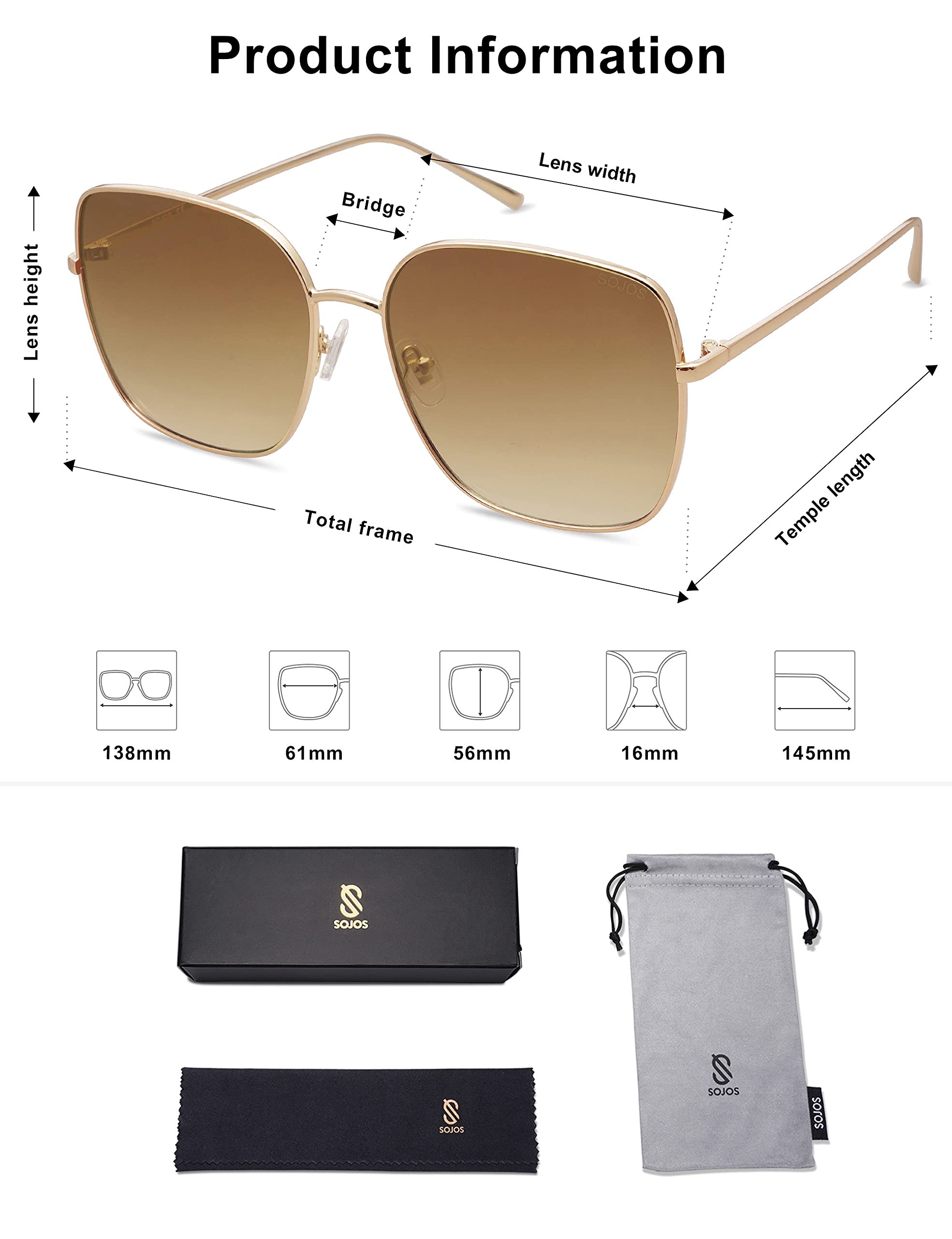 SOJOS Trendy Oversized Square Metal Frame Sunglasses for Women & Men - Retro Big Flat Lens UV400 Protection Unisex Shades (SJ1146) | Perfect for Driving, Beach, and Outdoor Activities