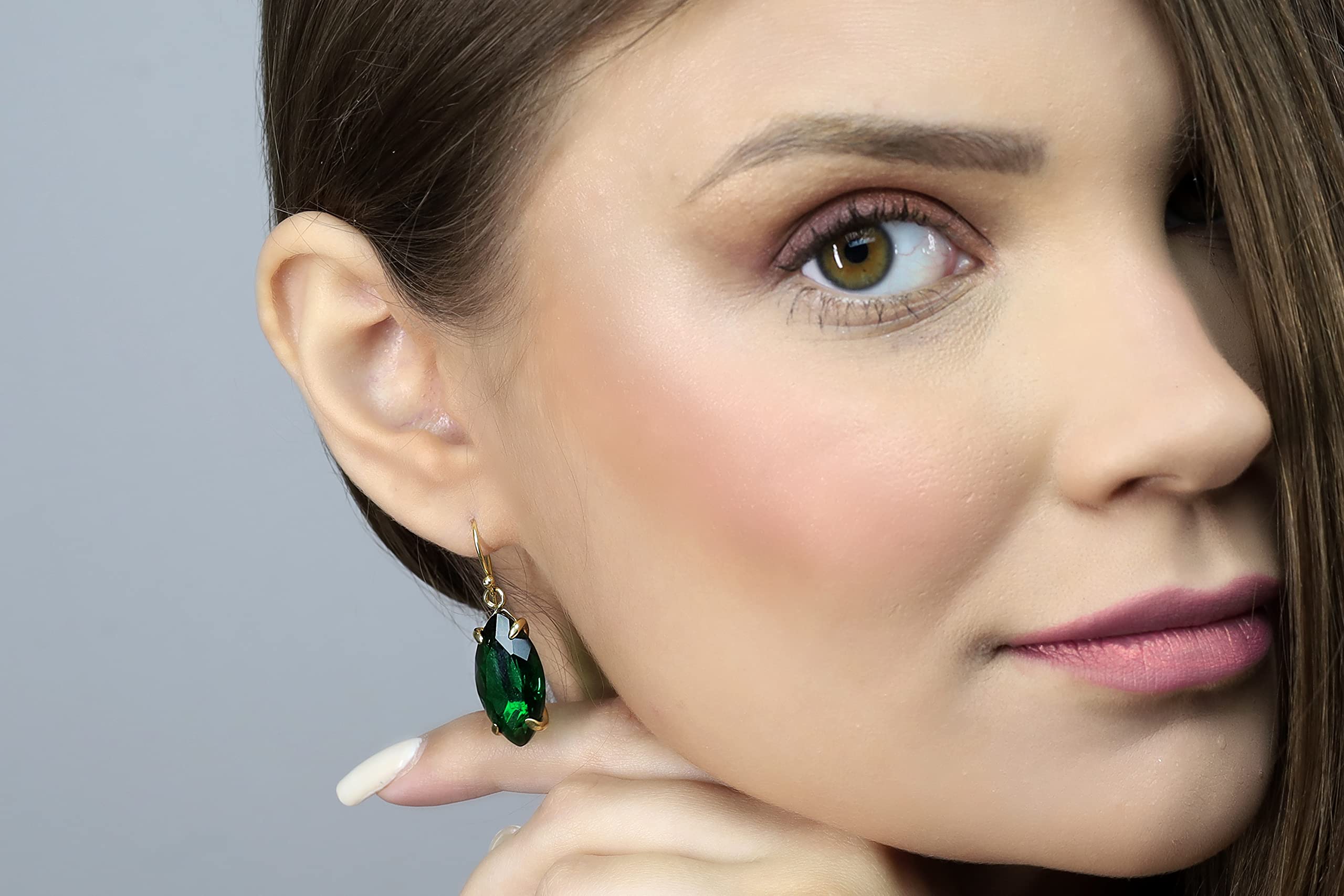 18k Solid Gold Marquise Cut Green Emerald Dangle Earrings - May Birthstone Jewelry - Minimalist Prong Setting Long Gemstone Earrings for Women - Perfect Gift for Birthday, Anniversary & Special Occasions