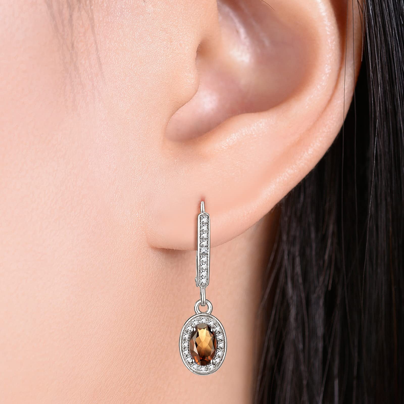 RYLOS Women's Sterling Silver Dangling Earrings - Oval Shape Gemstone & Diamond Accents - 6X4MM Birthstone Jewelry for Gifts, Anniversary & Everyday Wear - Elegant Color Stone Earrings for Women