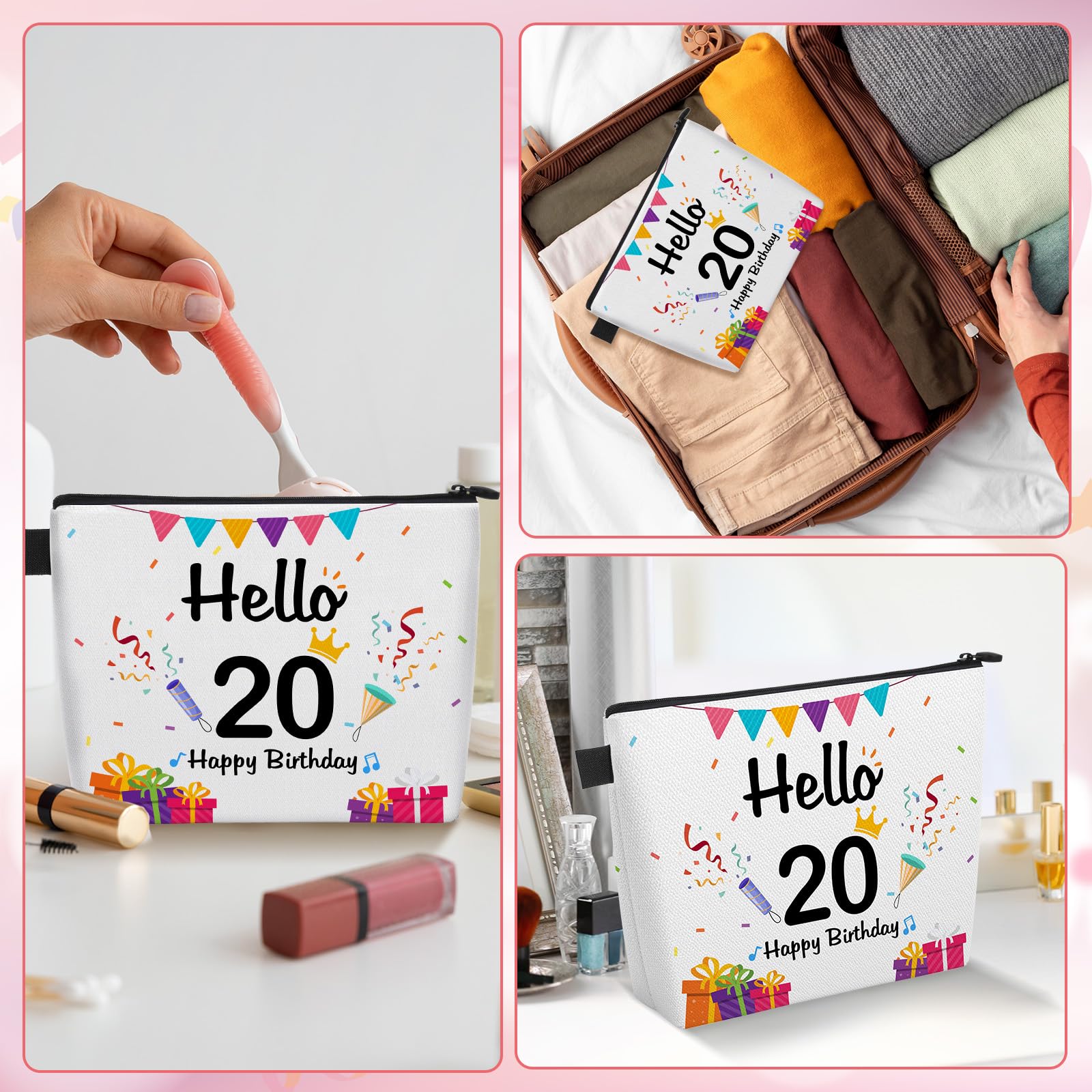 20th Birthday Gift Ideas for Women - Hello 20 Cosmetic Makeup Bag with Zipper | Cute Makeup Pouch for Teens & Young Adults | Perfect for Birthday Parties, Christmas Gifts & Anniversary Favors