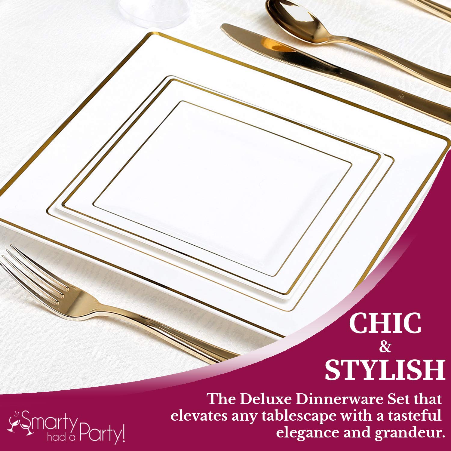 Premium Heavy Duty Disposable Plastic Dinnerware Set - Elegant Square Plates for Weddings, Birthdays & Special Events (White & Gold, 120-Piece Combo) - Perfect for Catering, Parties & Large Gatherings