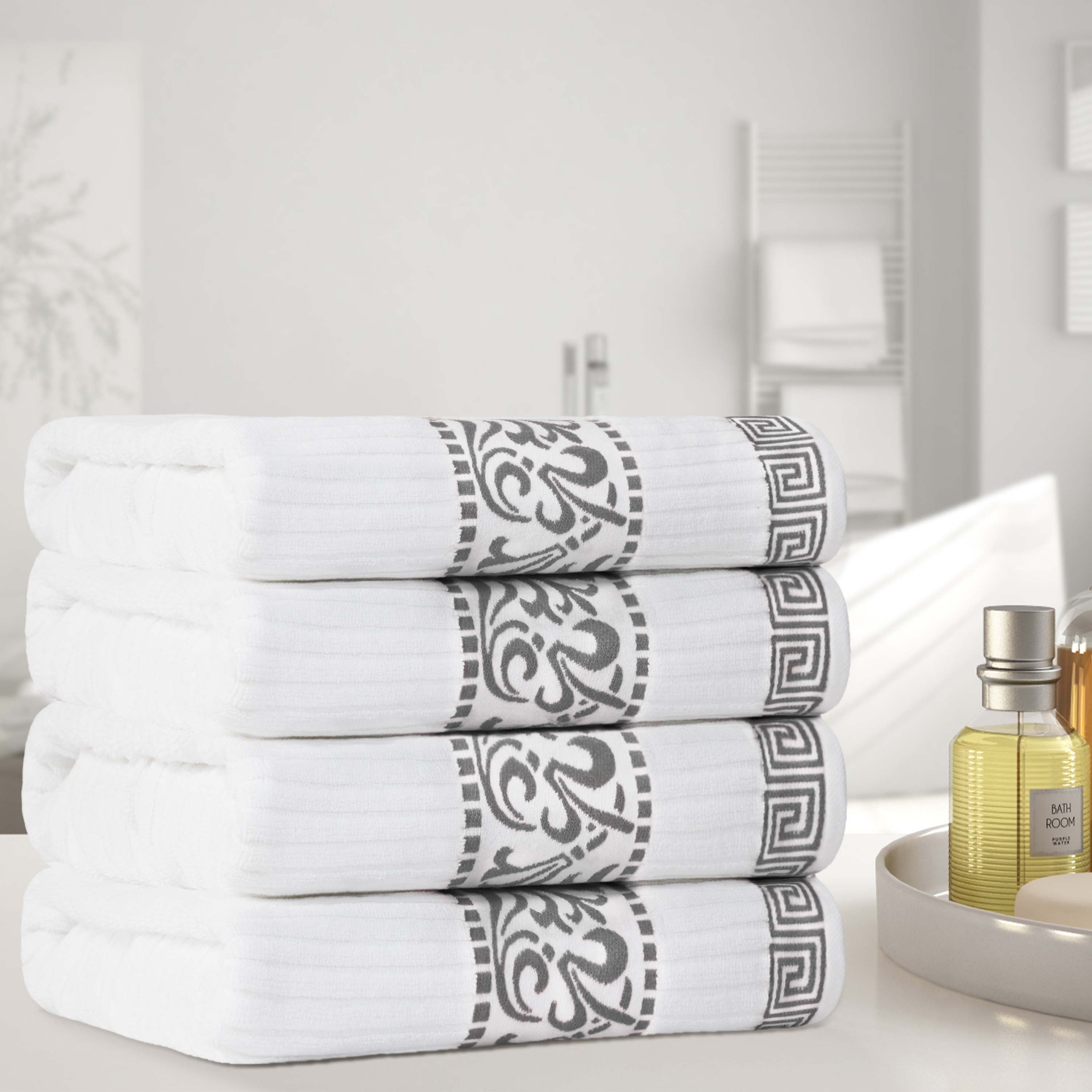 Premium Athens Cotton Greek Scroll & Floral 4-Piece Bath Towel Set - Soft & Absorbent for Spa, Bathroom & Guest Room Decor