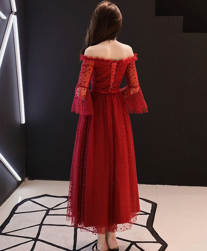 Elegant Burgundy Tulle Lace Tea-Length Prom Dress | A-Line Evening Gown for Homecoming, Wedding Guest & Formal Events