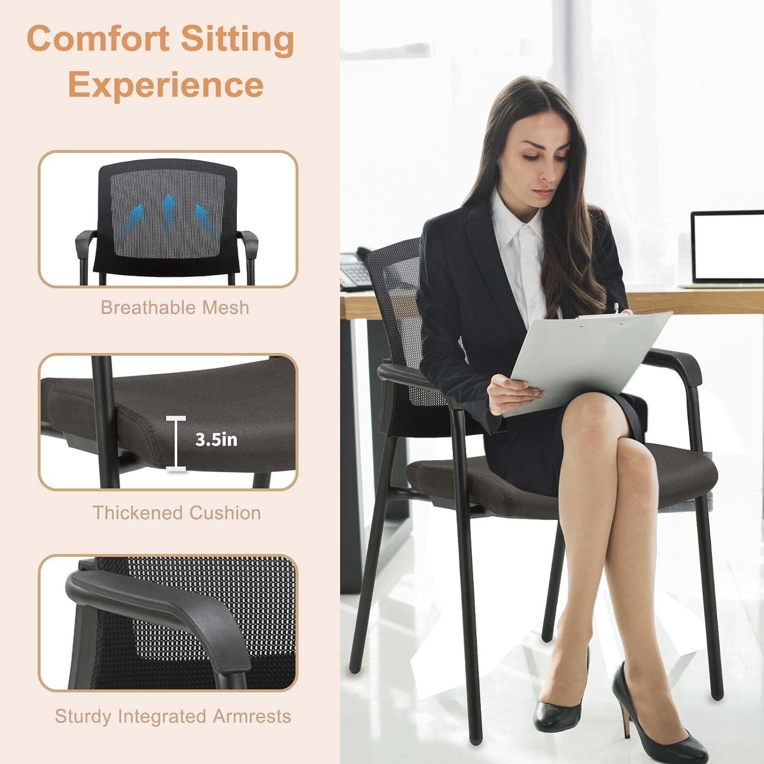 CLATINA Ergonomic Mesh Back Office Chair with Armrests - Stackable Guest Chair with Thickened Seat Cushion for Conference Rooms, Waiting Areas & Home Offices (2-Pack, Black) - Perfect for Reception Areas, Corporate Lobbies & Professional Workspaces