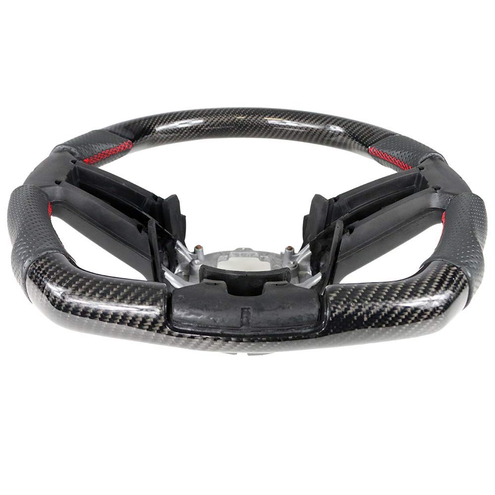 FREEMOTOR802 Carbon Fiber Racing Steering Wheel for 2010-2014 Ford Mustang - Perforated Leather with Red Stitching - Direct Replacement for Enhanced Grip & Sporty Driving Experience (Track Racing, Daily Commute, Car Enthusiast Upgrade)