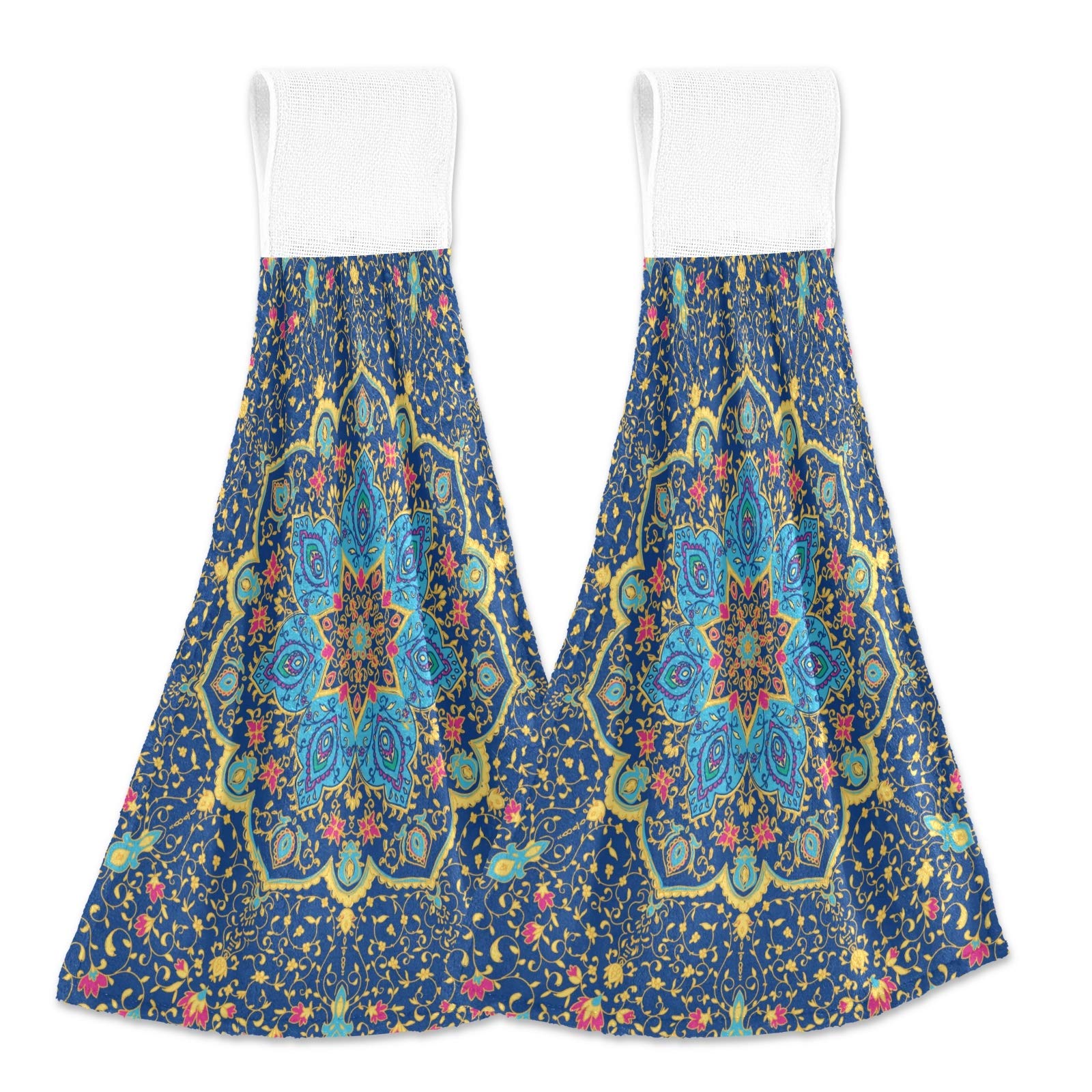 Alaza 2-Pack Absorbent Kitchen Towels - Floral Islamic & Indian Design Hanging Hand Towels for Cooking, Dining & Home Decor
