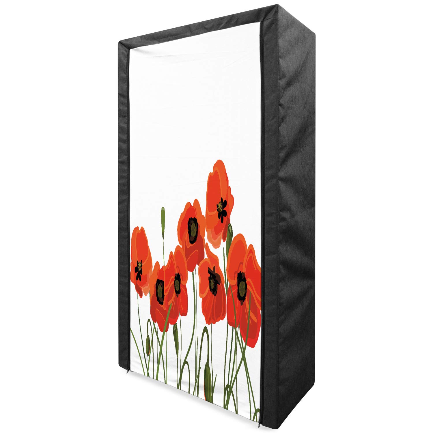 Ambesonne Poppy Flower Portable Fabric Wardrobe Closet Organizer with Shelves, 33.5 Inch - Olive Green & Vermilion Floral Design for Bedroom, Closet Storage & Travel Use