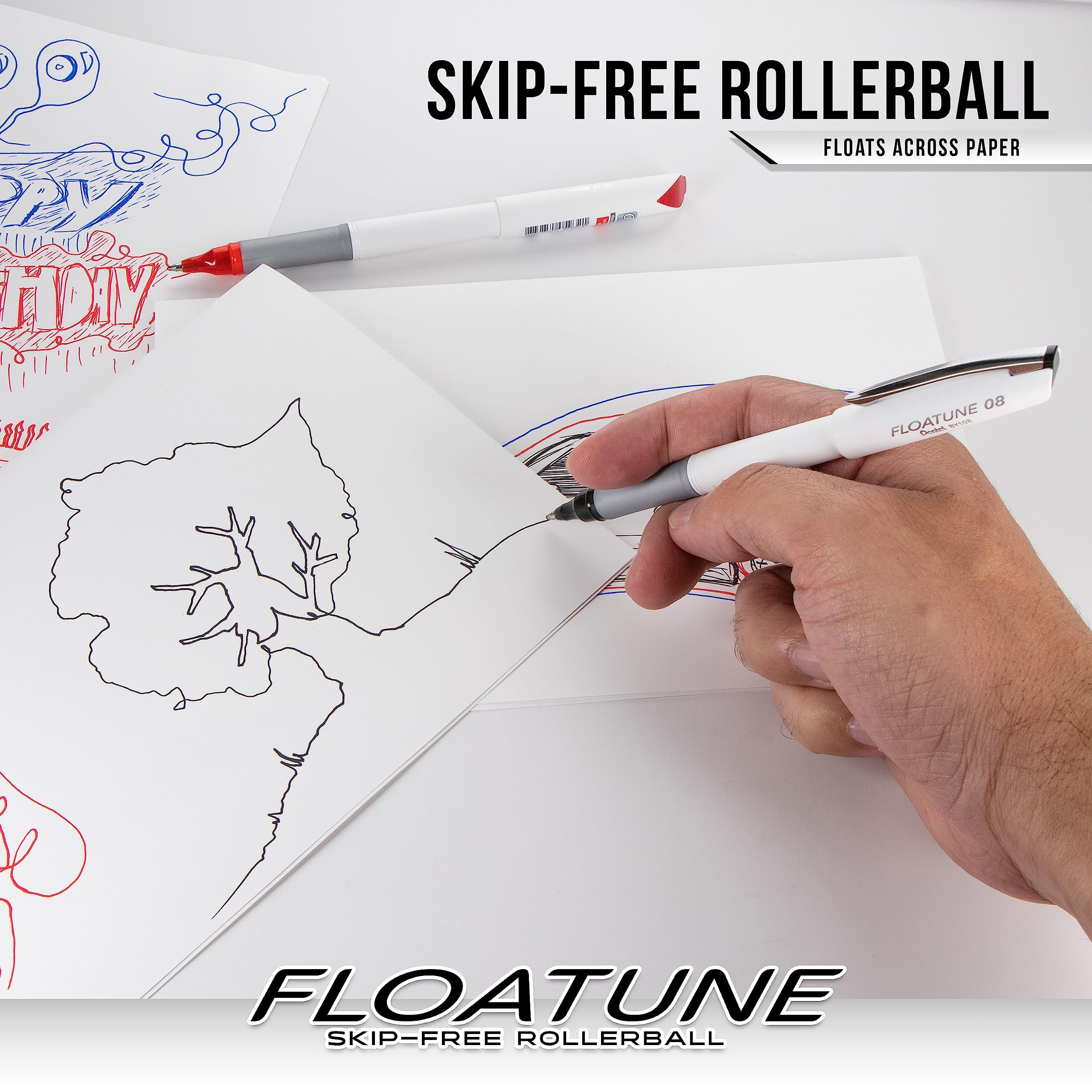 Pentel Floatune Rollerball Pens 0.8mm Medium Point Black Ink - 8 Pack (BY108PF8A) - Smooth Writing for Office, School & Note Taking